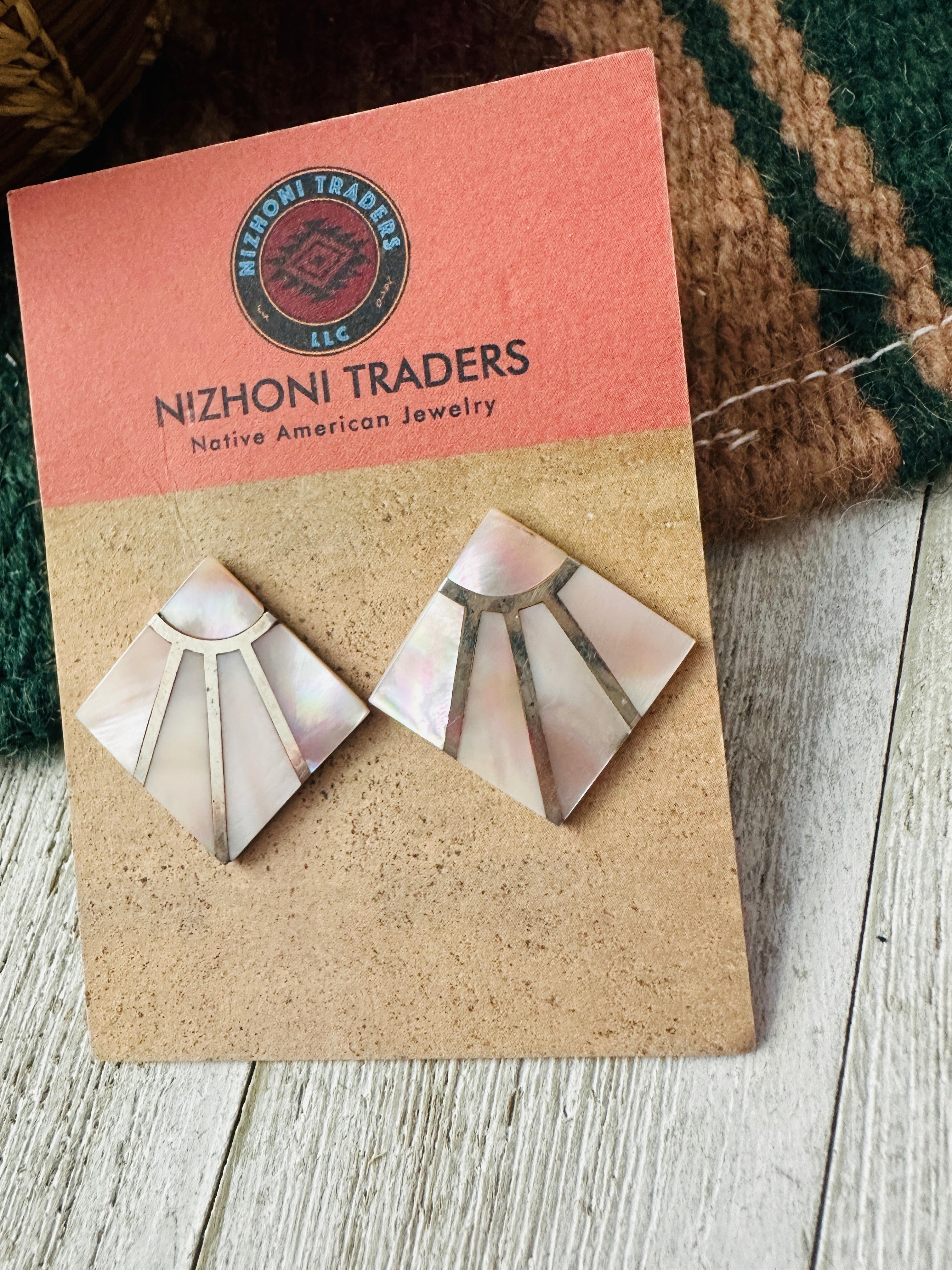 Old Pawn Mother of Pearl & Sterling Silver Inlay Earrings