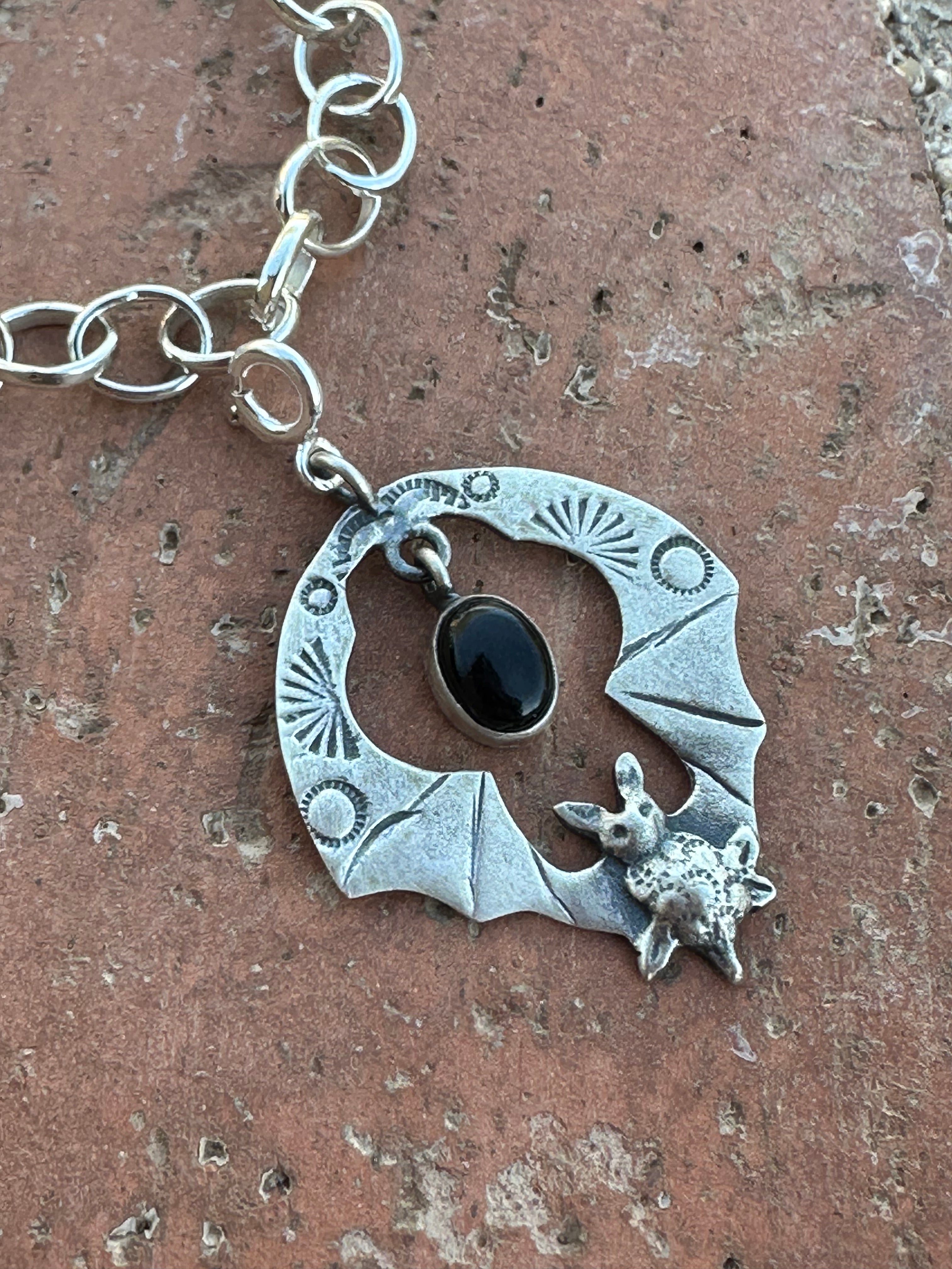 Halloween Collection Sterling Silver & Onyx Skull Bat Charm