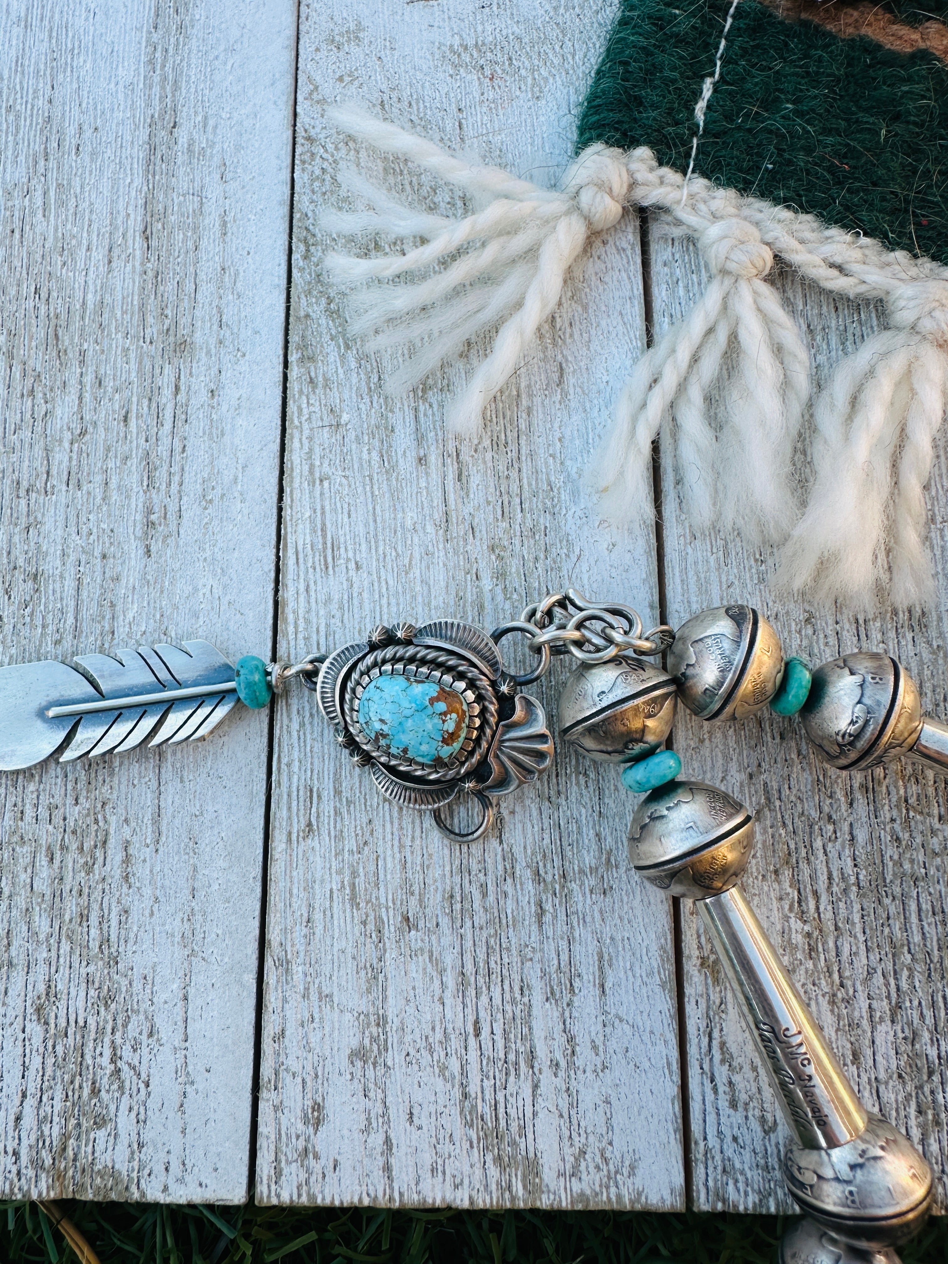 Handcrafted Turquoise & Sterling Silver Mercury Dime Beaded Squash Blossom Necklace and Earring Set by James McCabe