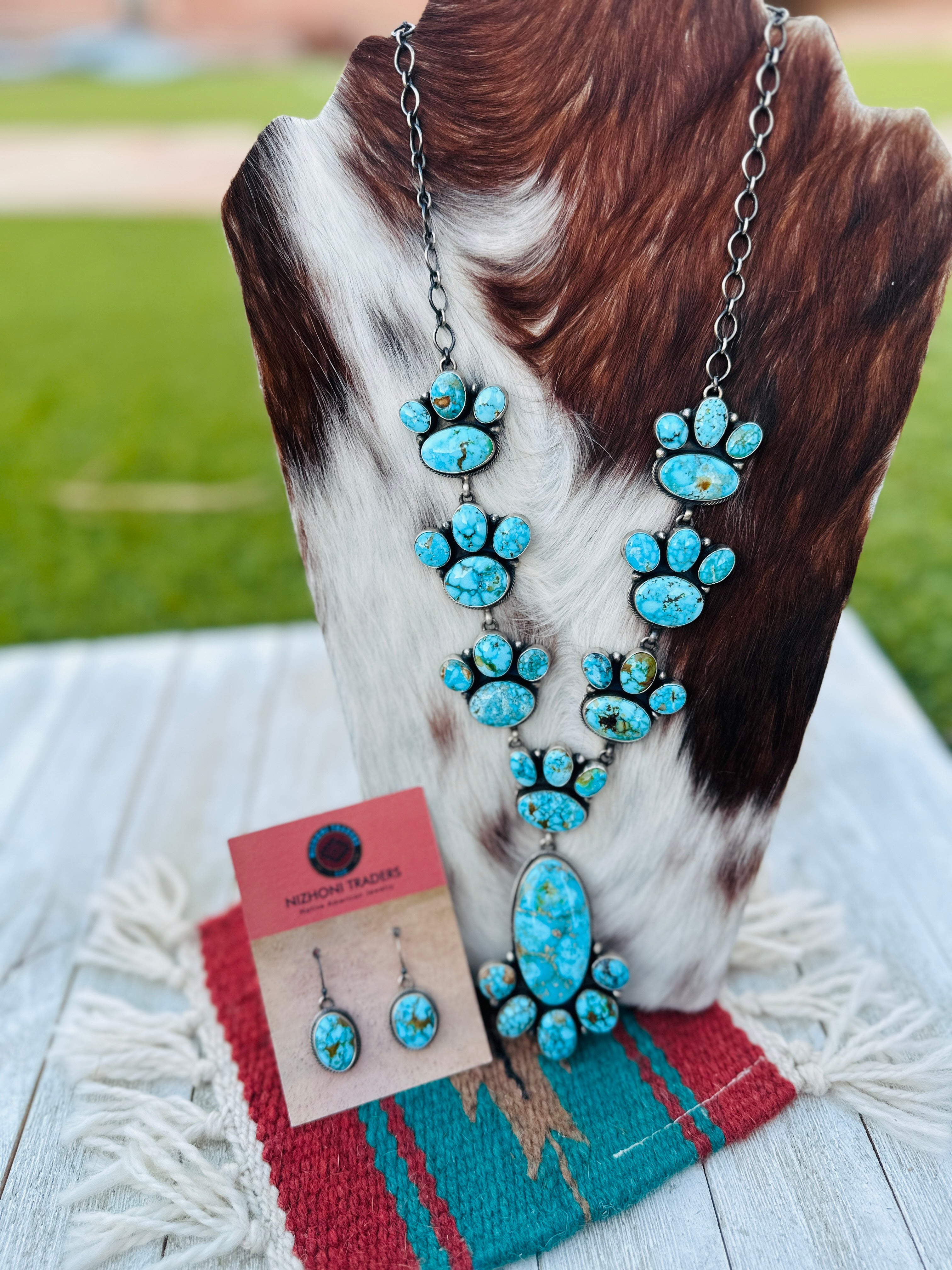 Handcrafted Kingman Web Turquoise & Sterling Silver Necklace and Earring Set