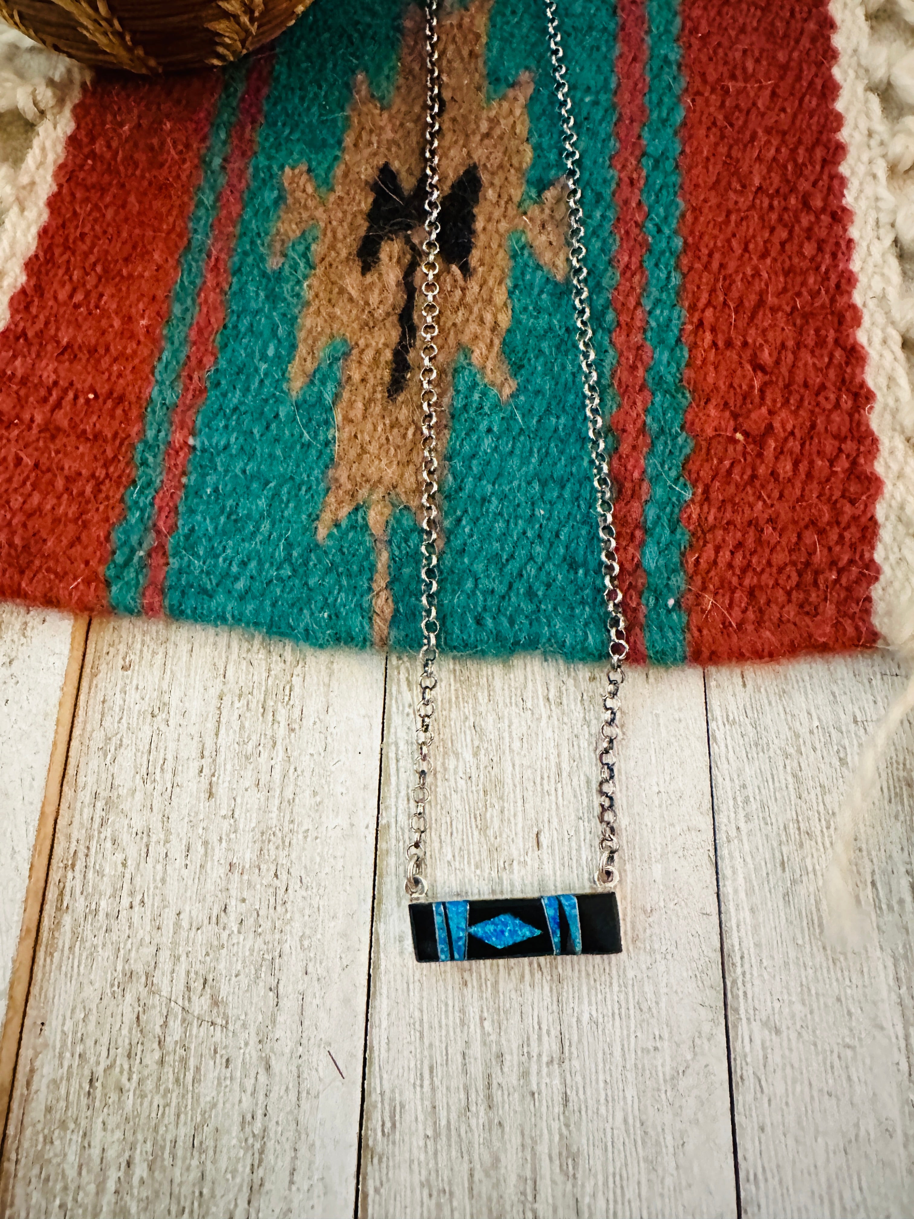 Navajo Opal, Onyx & Sterling Silver Inlay Bar Necklace