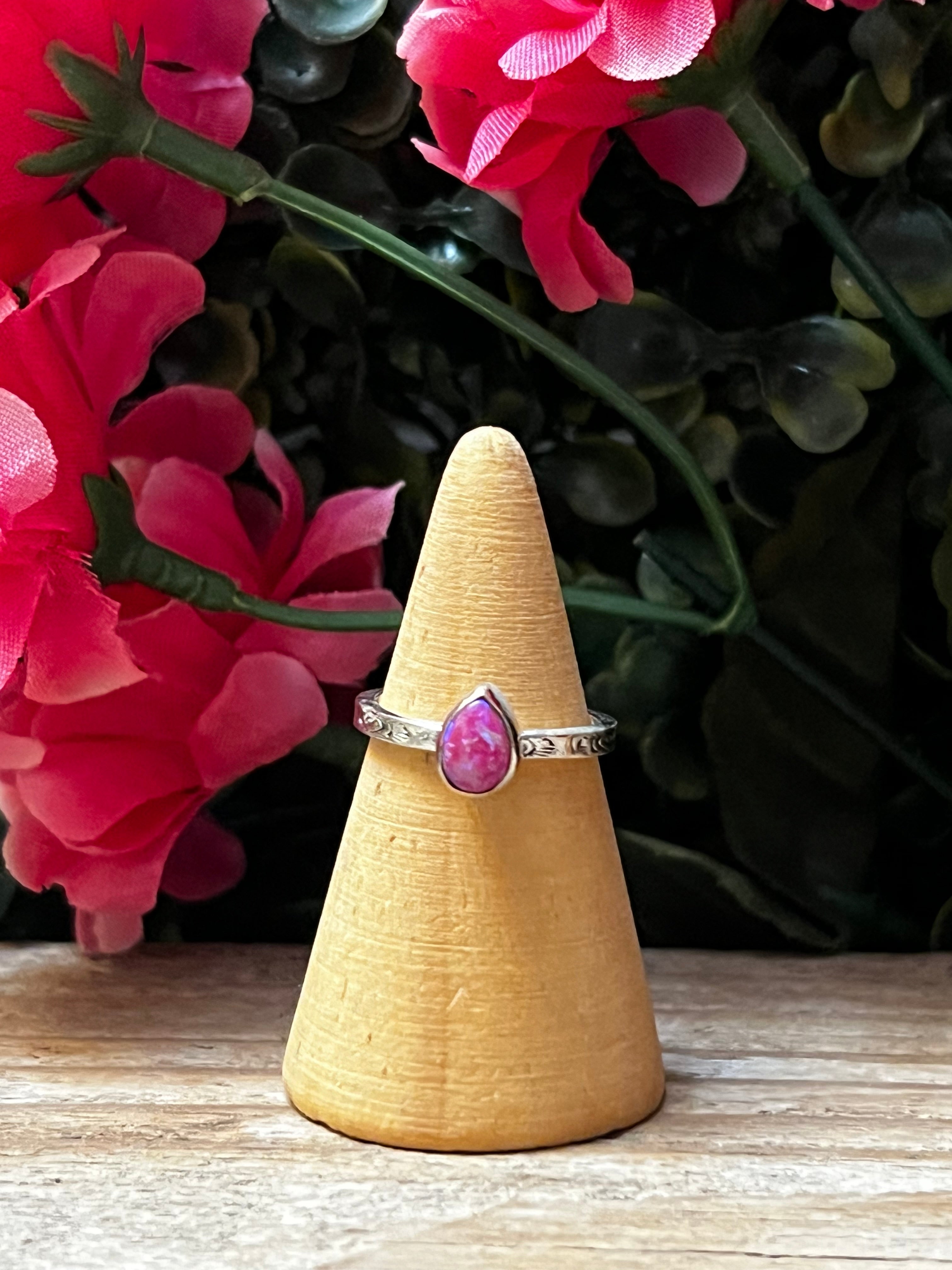 Handmade Hot Pink Opal Heart, TearDrop, Square, & Diamond Shape Sterling Silver Adjustable Stacker Ring