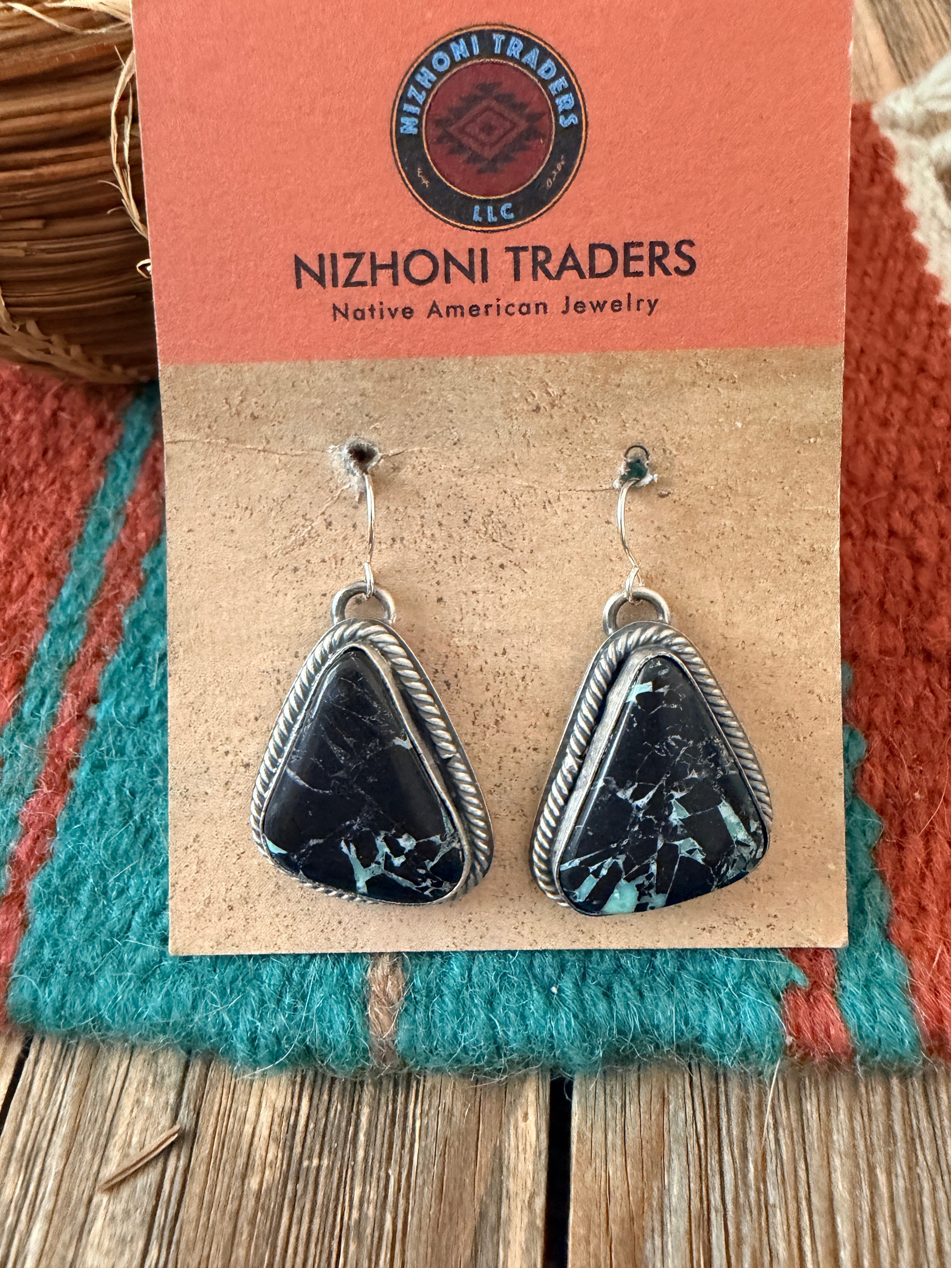 Handcrafted Sterling Silver & Blackjack Turquoise Dangle Earrings