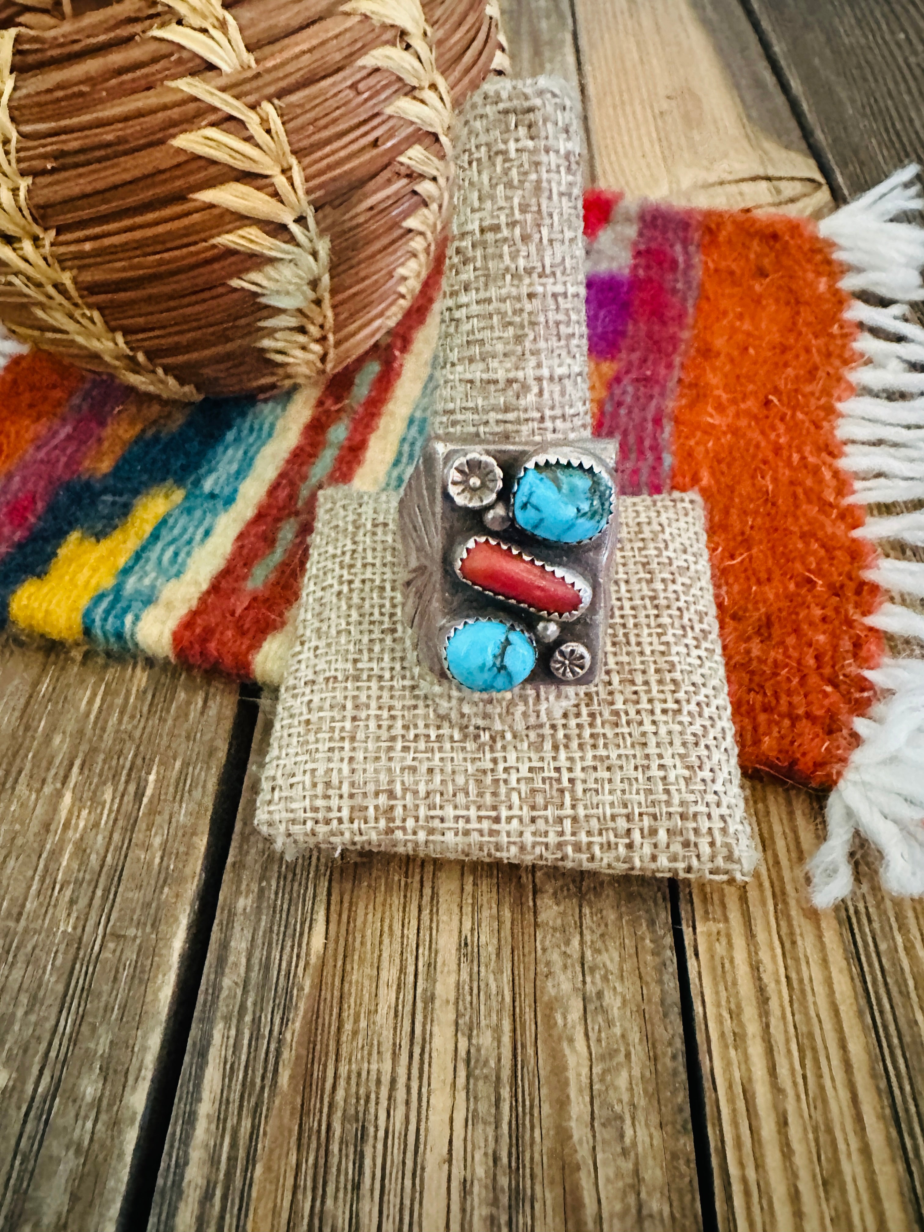 Old Pawn Handcrafted Turquoise, Coral & Sterling Silver Ring Size 12.25