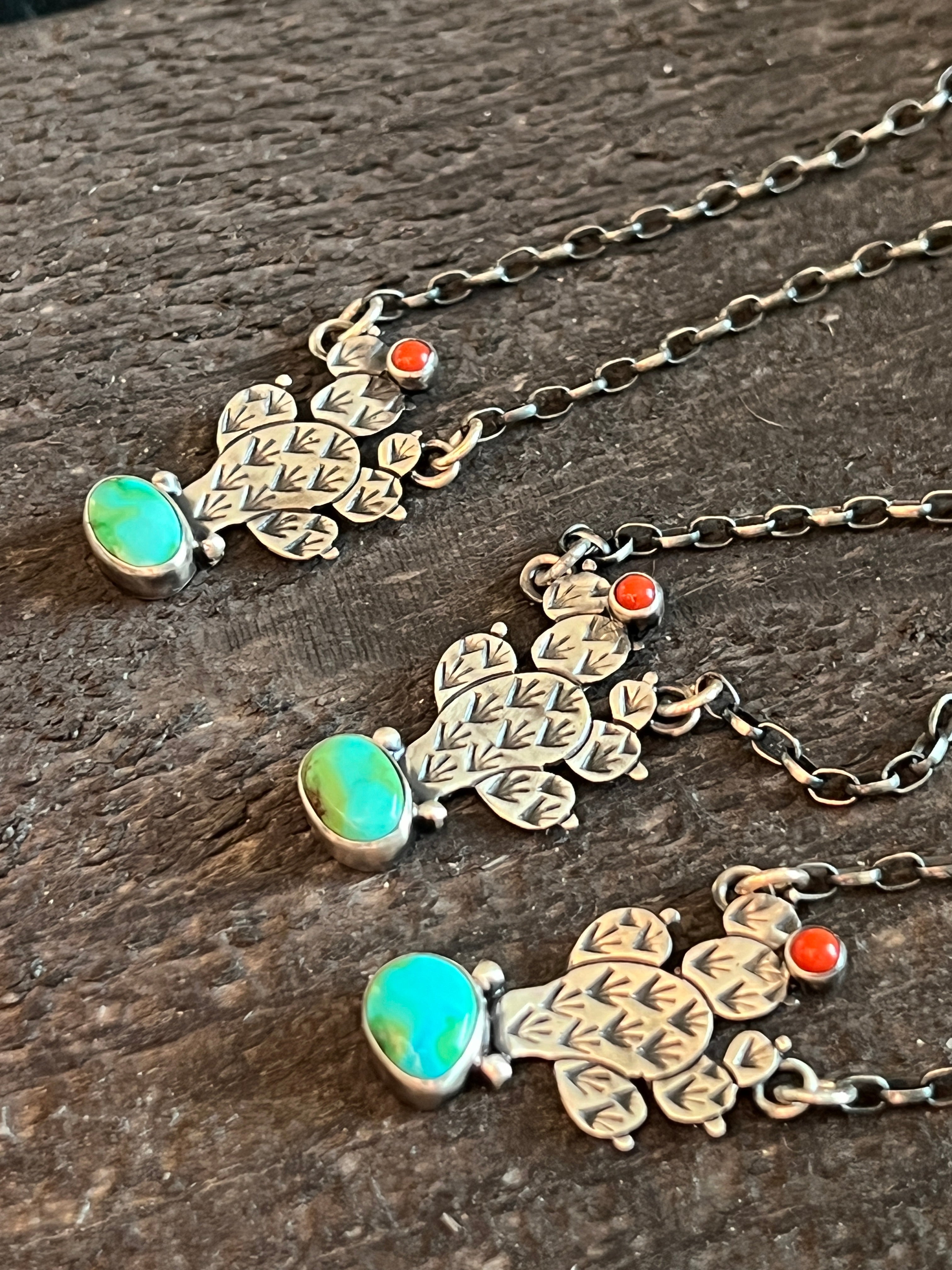 Handcrafted Petite Sterling Silver, Turquoise and Coral Cactus Link Chain Necklace, 16” + 1.5”