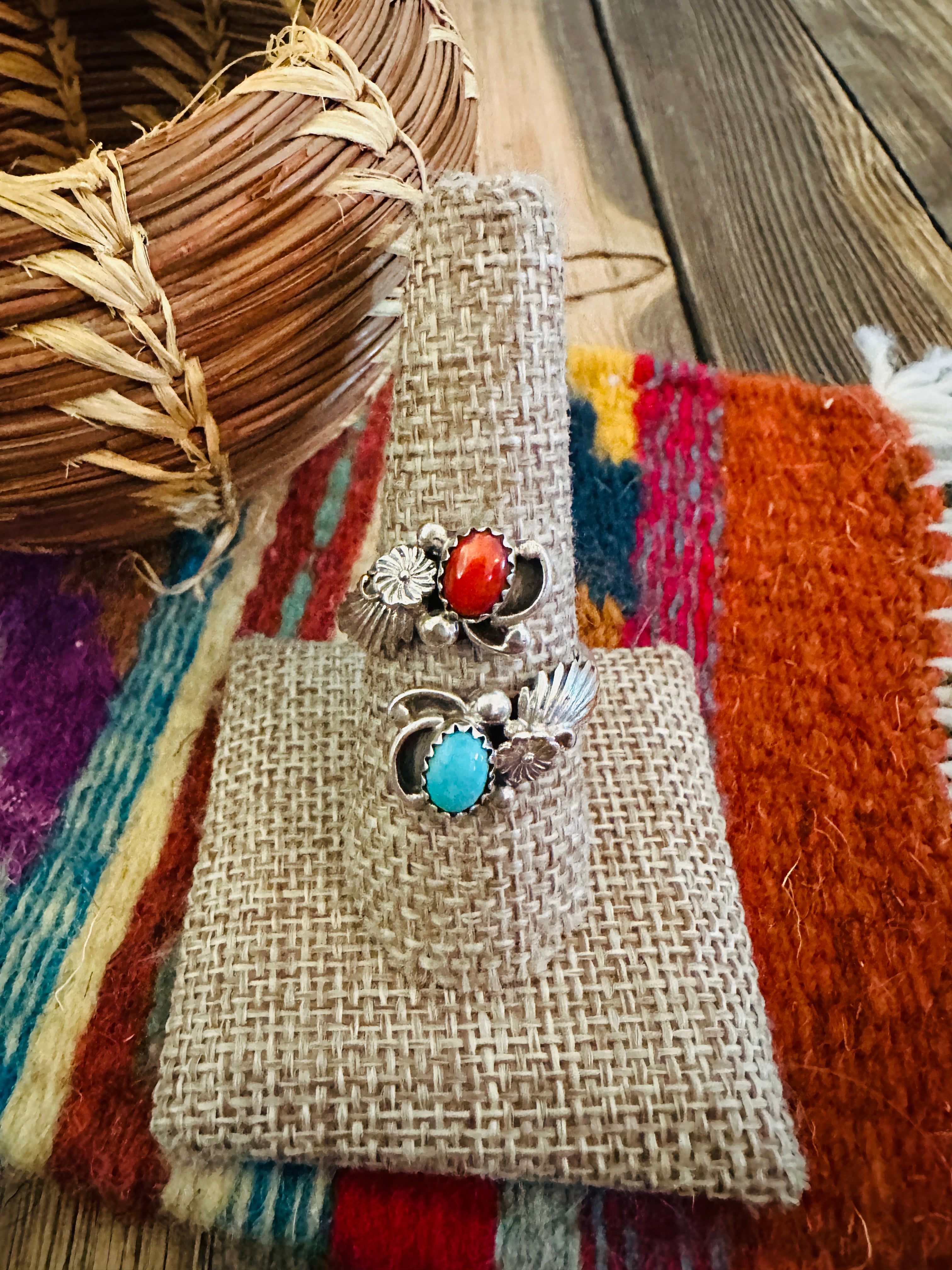 Handcrafted Turquoise, Coral & Sterling Silver Adjustable Flower Ring