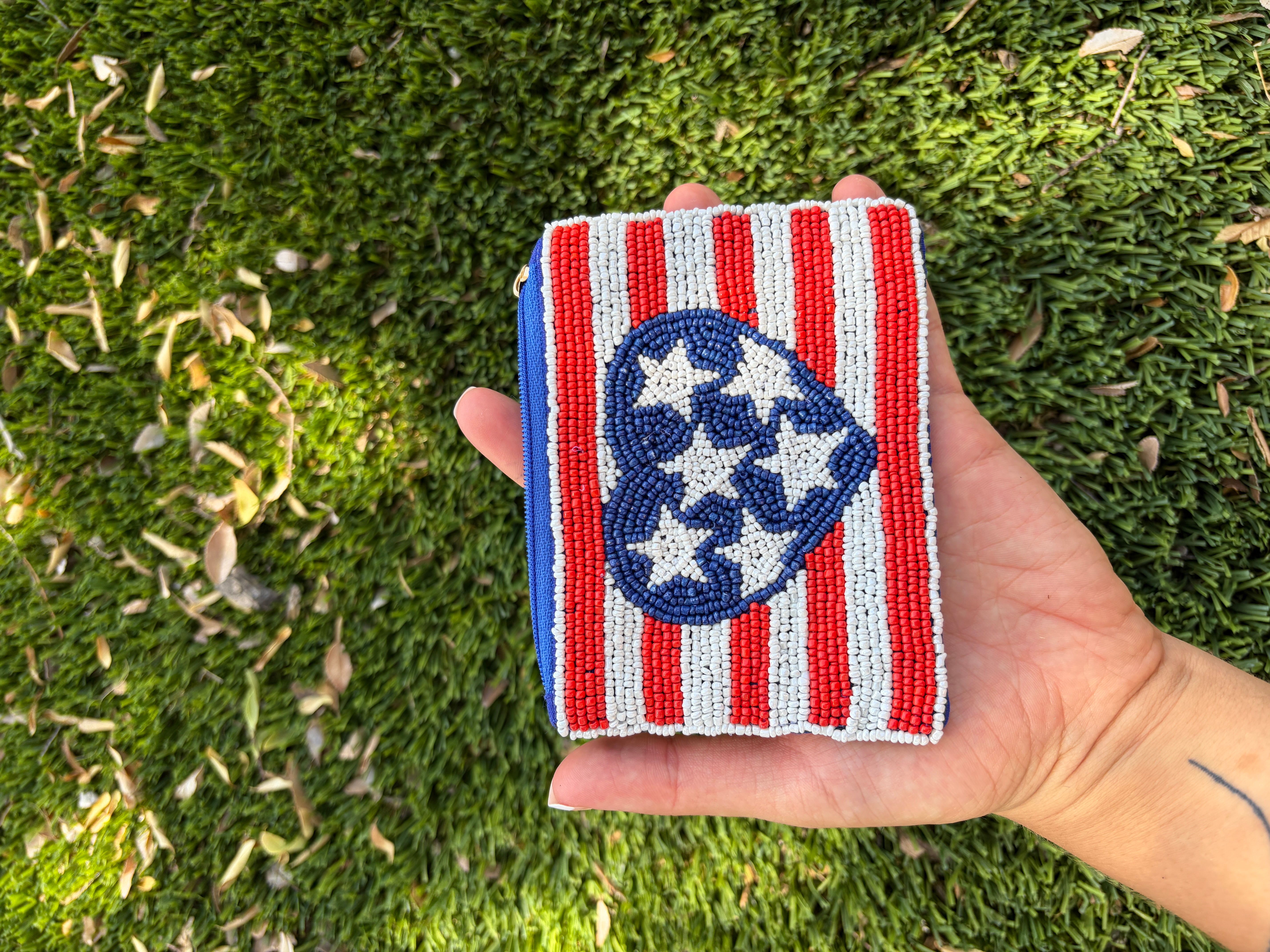 Handmade Beaded American Flag Heart Coin Purse