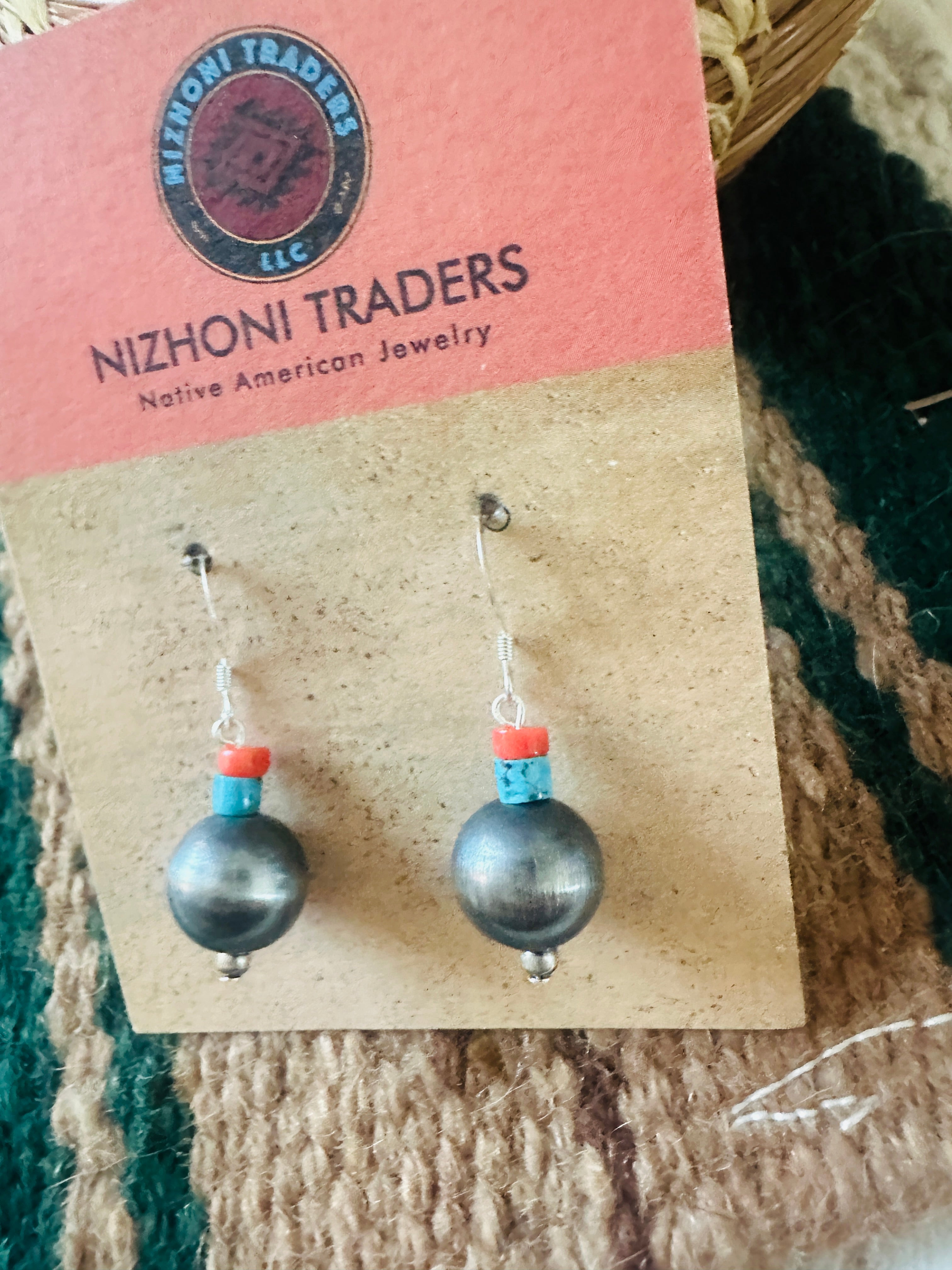 Navajo Turquoise, Coral & Sterling Silver Pearl Dangle Earrings