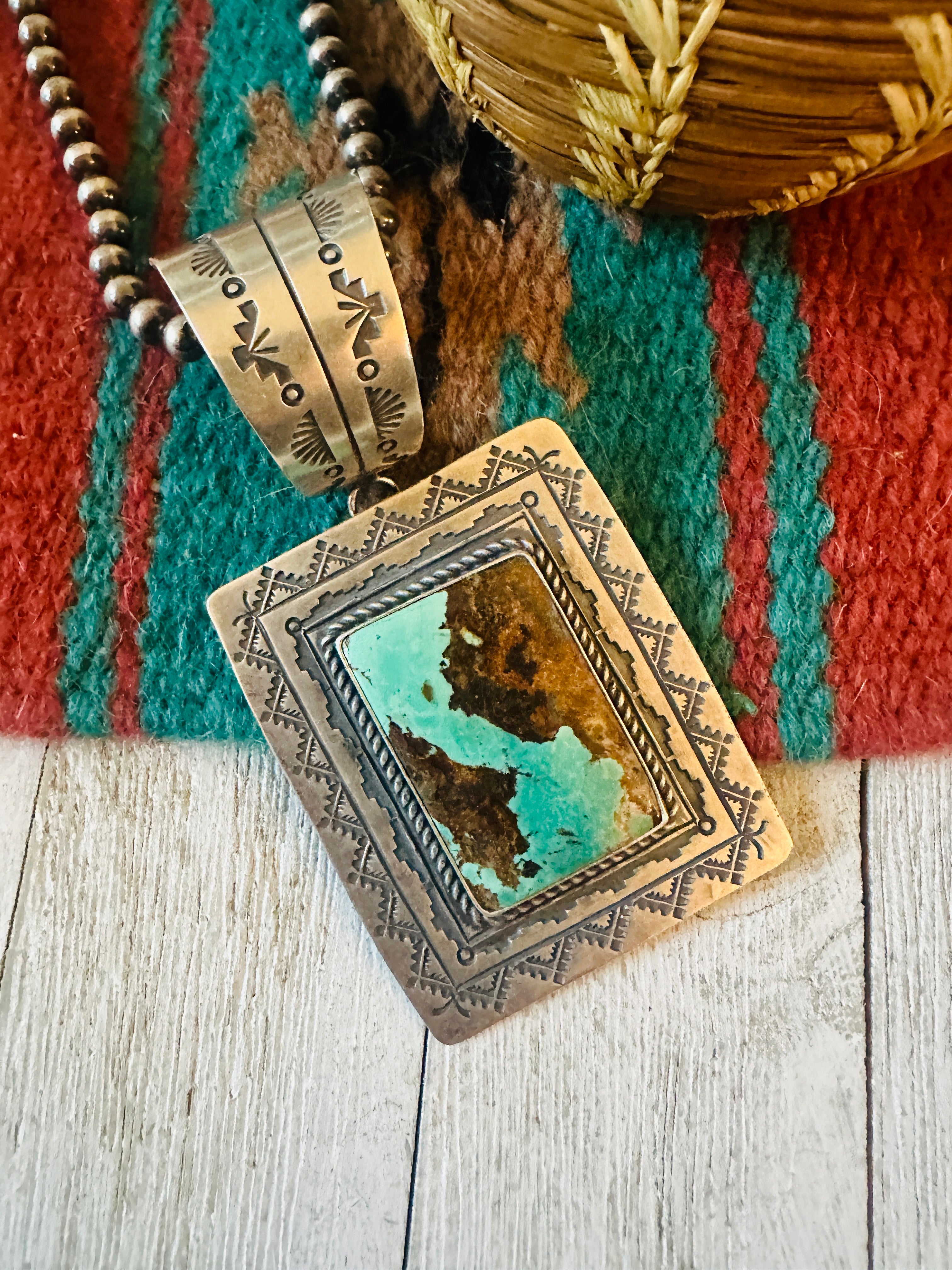 Navajo Hand Stamped Sterling Silver & Turquoise Concho Pendant