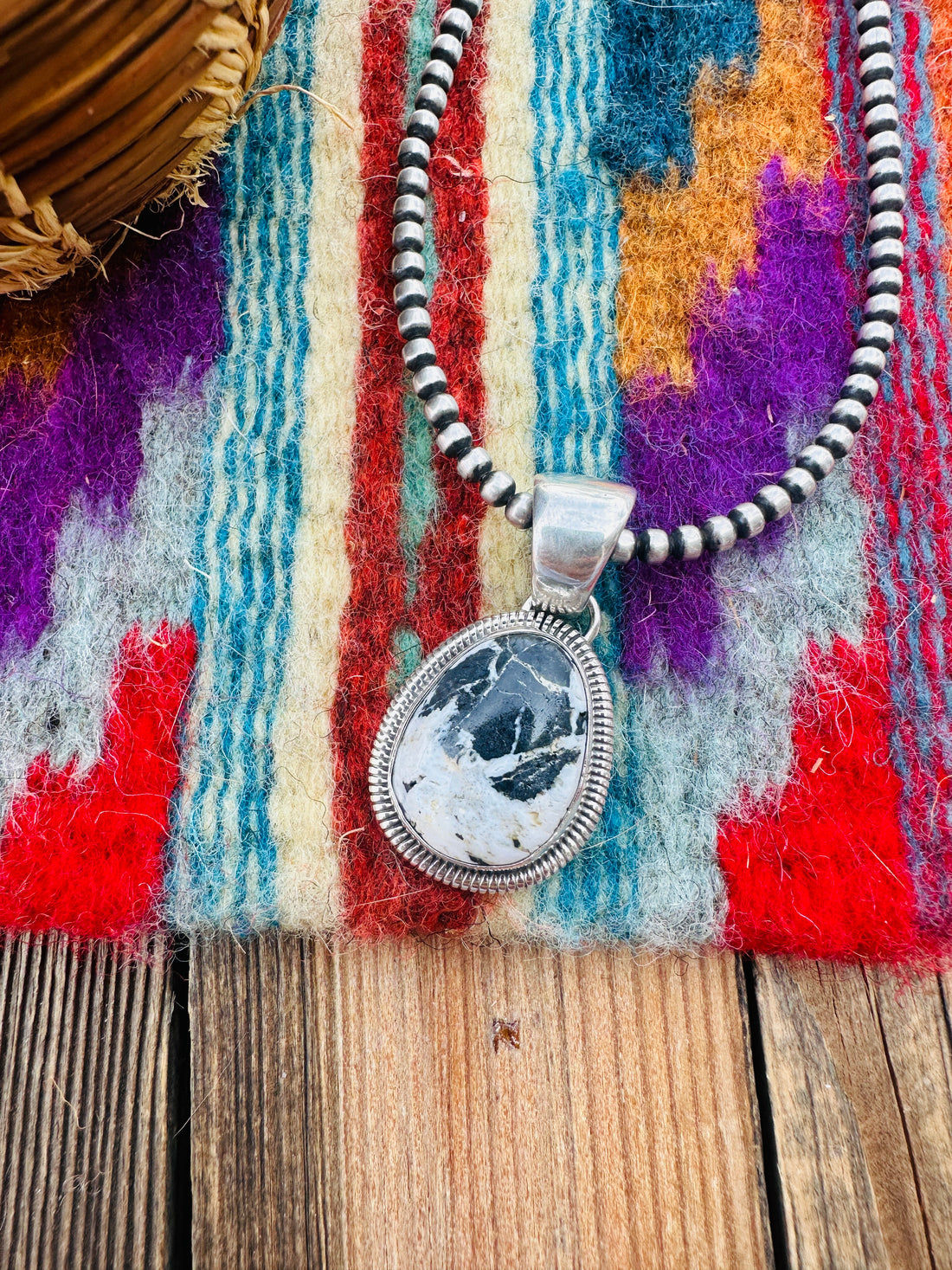 Handcrafted Sterling Silver & White Buffalo Pendant by Wydell Billie