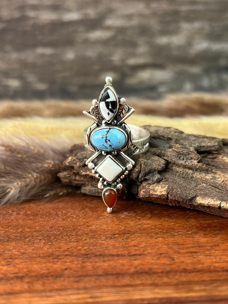 Handmade Sterling Silver Canyon Sunset Collection: Golden Hills Turquoise with White Buffalo and Carnelian Adjustable Ring "Signed Nizhoni"