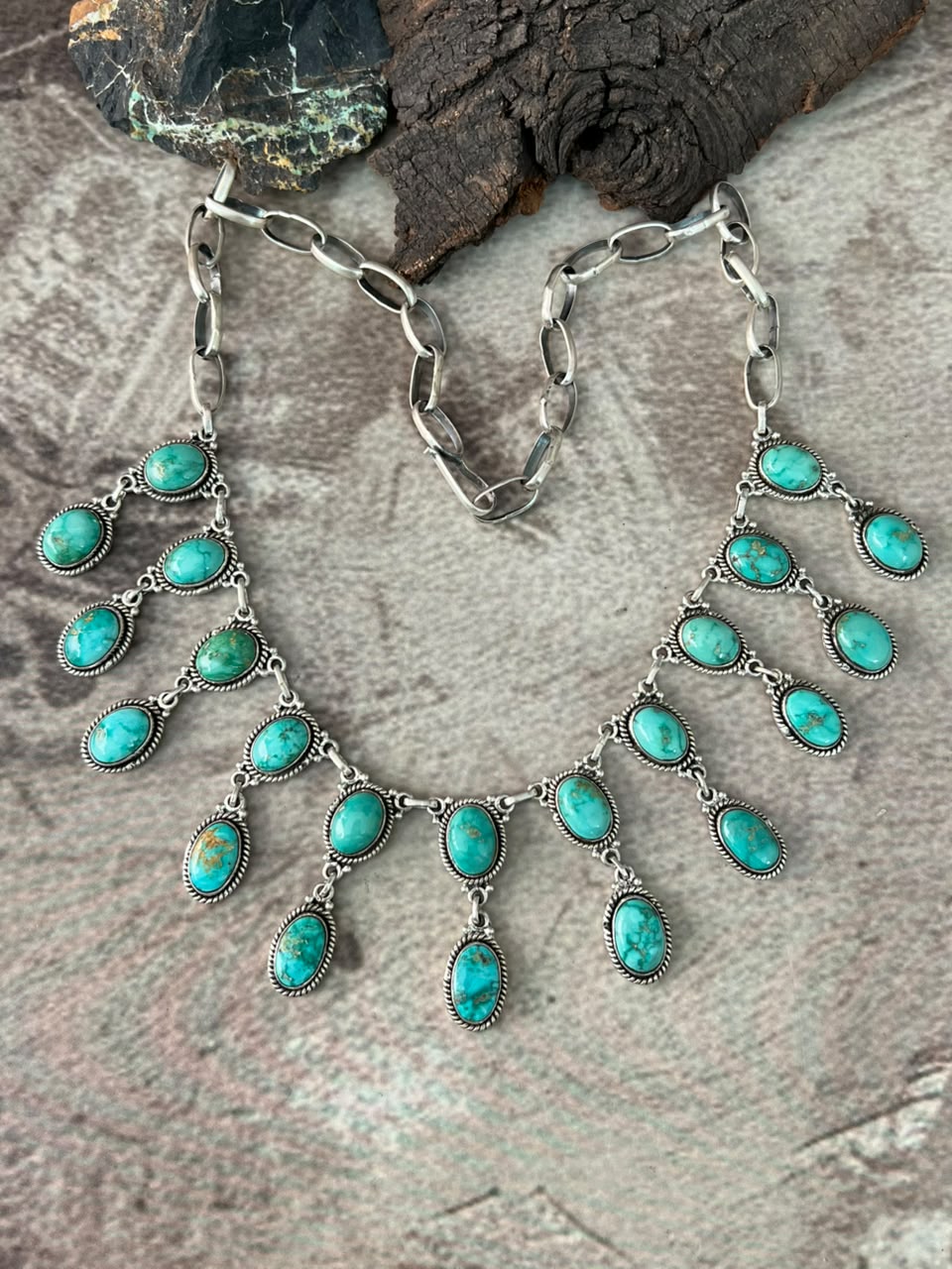 Handmade Sterling Silver Emerald Valley Turquoise Collection: Necklace Signed Nizhoni