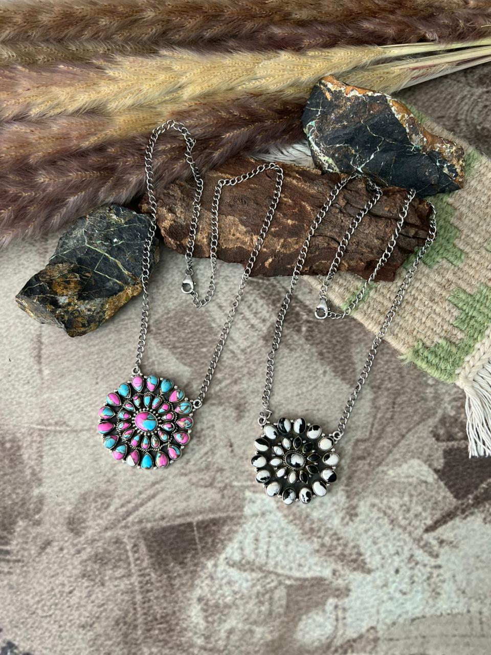 Handmade Sterling Silver Cotton Candy and White Buffalo Necklace "Signed Nizhoni"