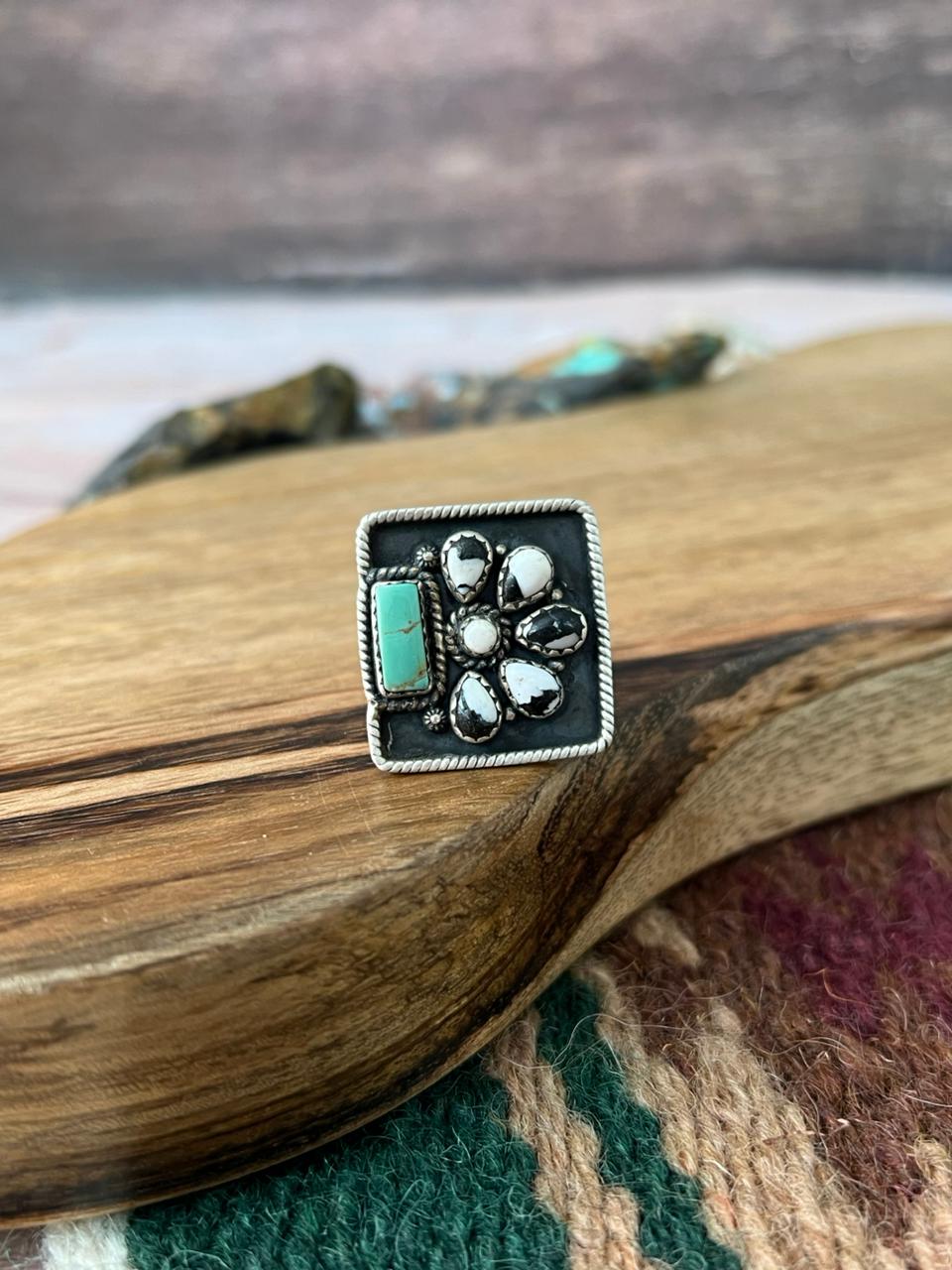 Handmade Sterling Silver White Buffalo with Kingman Turquoise Adjustable Ring "Signed Nizhoni"
