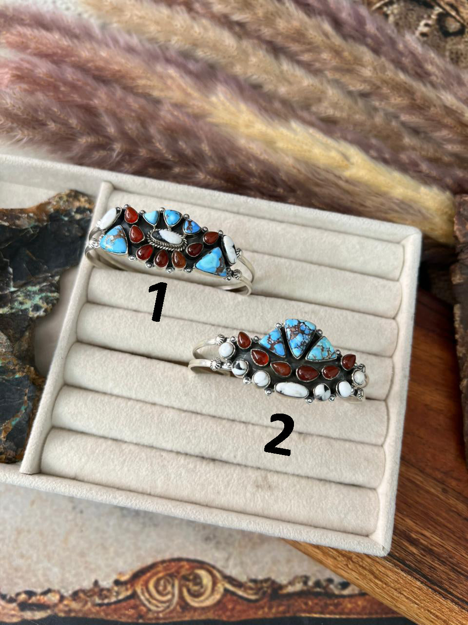 Handmade Sterling Silver Canyon Sunset Collection: Golden Hills Turquoise with White Buffalo and Carnelian Cuff Bracelet "Signed Nizhoni"