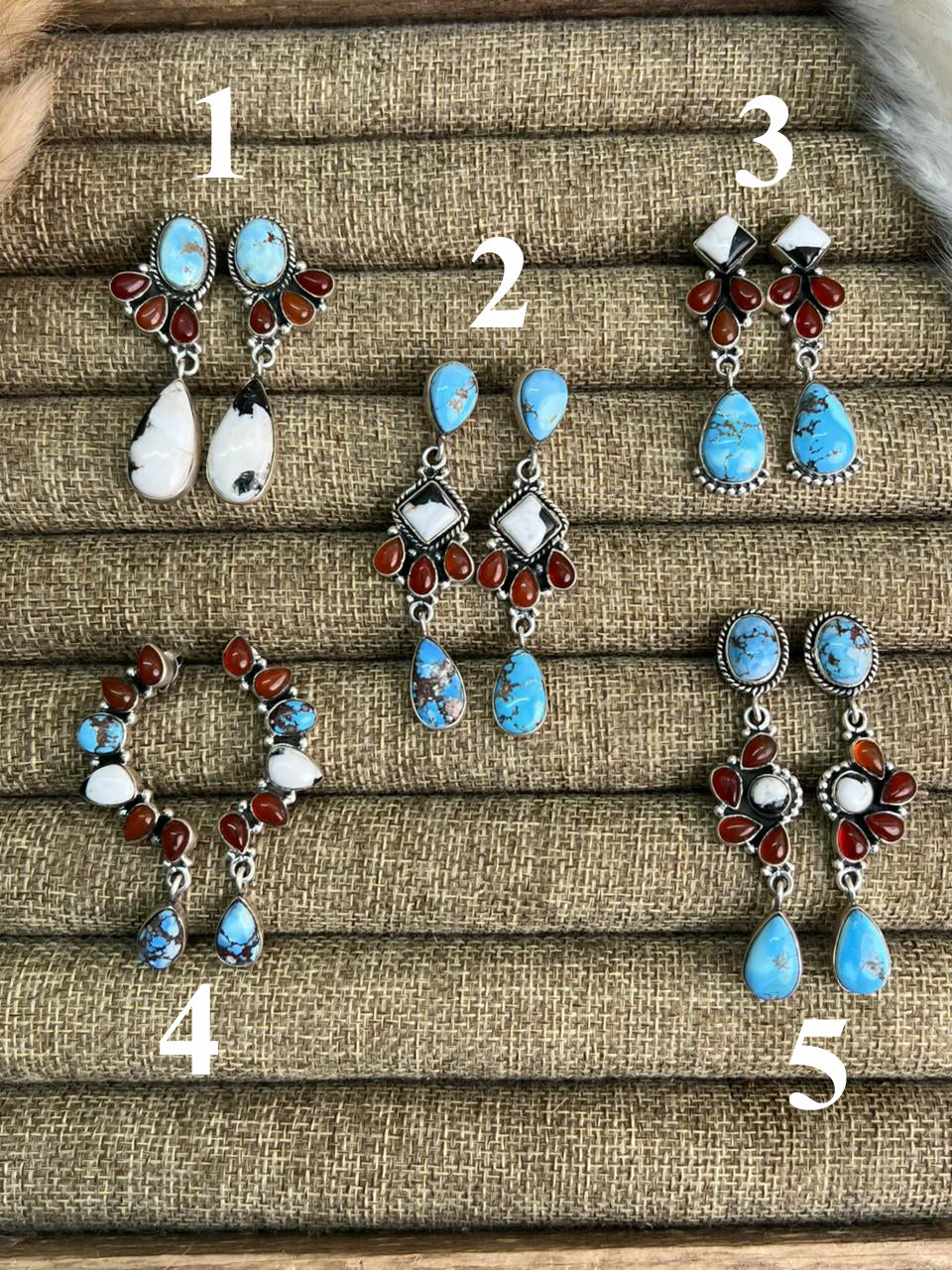 Handmade Sterling Silver Canyon Sunset Collection: Golden Hills Turquoise with White Buffalo and Carnelian Post Dangle Earrings "Signed Nizhoni"