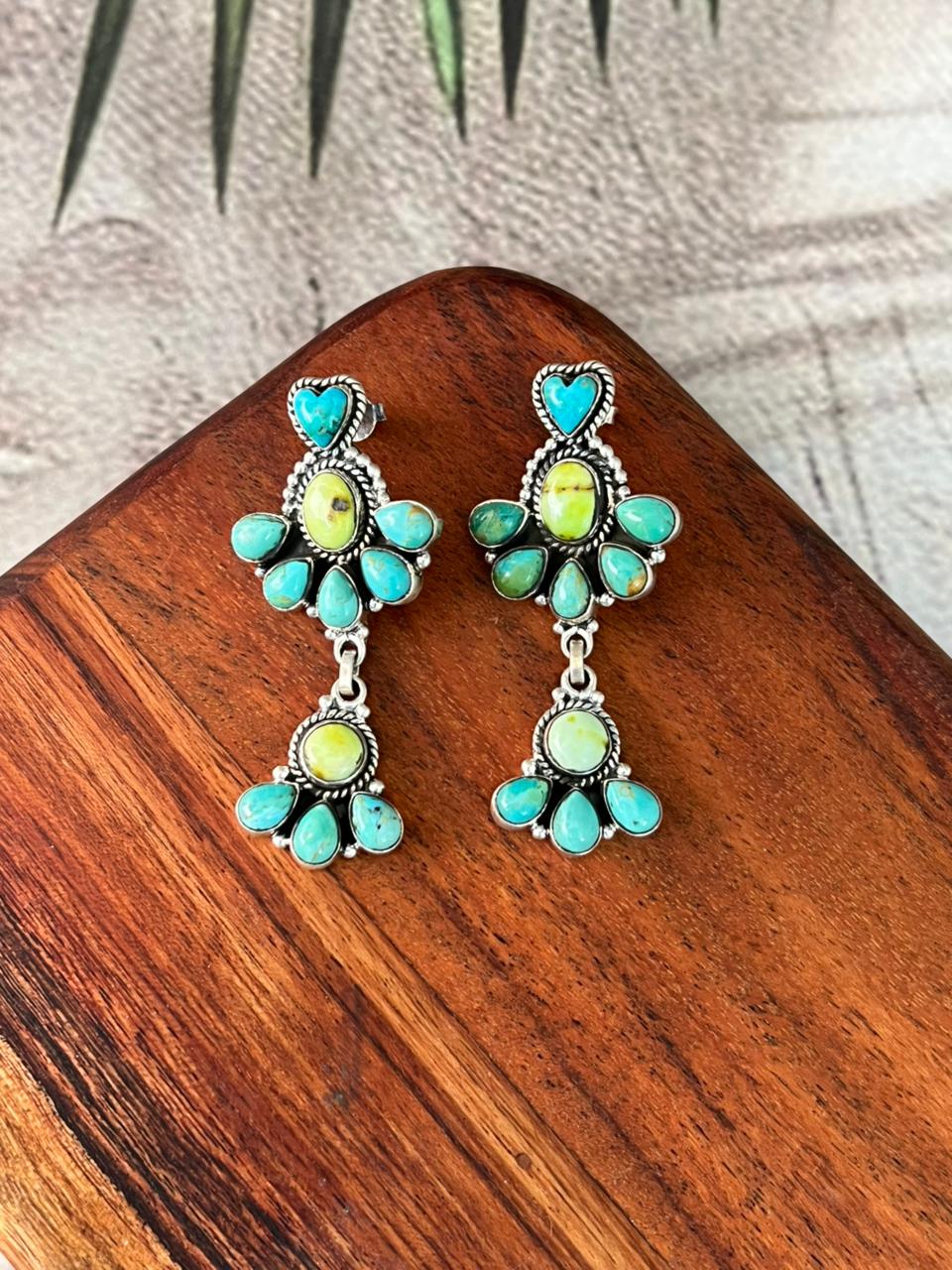 Handmade Sterling Silver Palomino with Kingman Turquoise Post Dangle Heart Earrings "Signed Nizhoni"