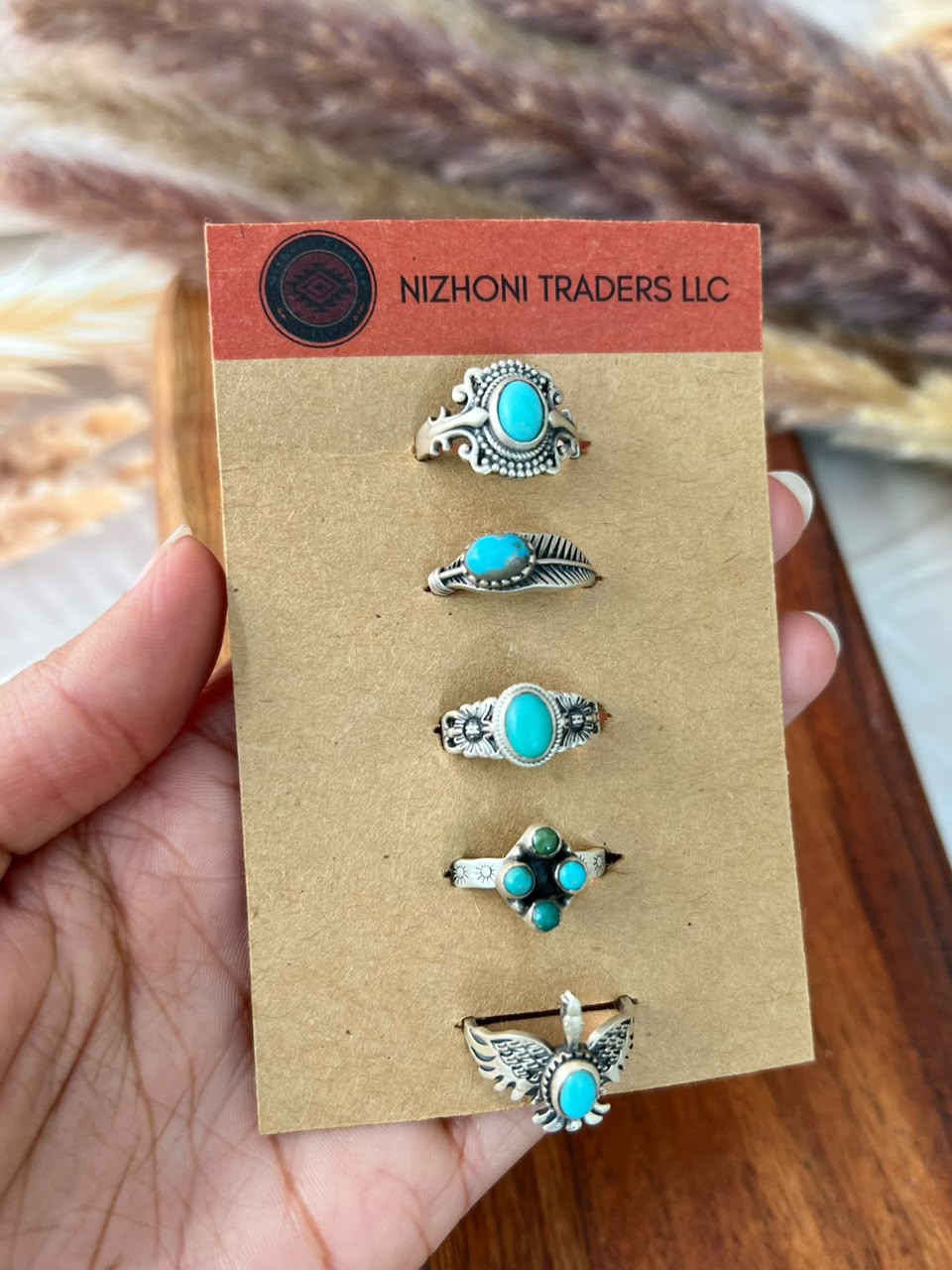 Handmade Sterling Silver Kingman Turquoise Adjustable Ring Card