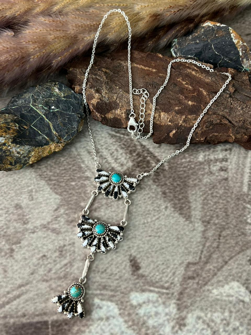 Handmade Sterling Silver White Buffalo with Kingman Turquoise Necklace "Signed Nizhoni"