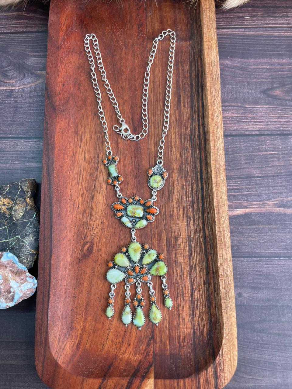 Handmade Sterling Silver Paloma Turquoise with Orange Mojave Necklace "Signed Nizhoni"