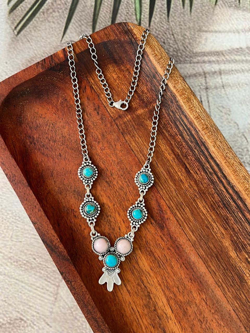 Handmade Sterling Silver Pink Opal with Kingman Turquoise Necklace Signed Nizhoni