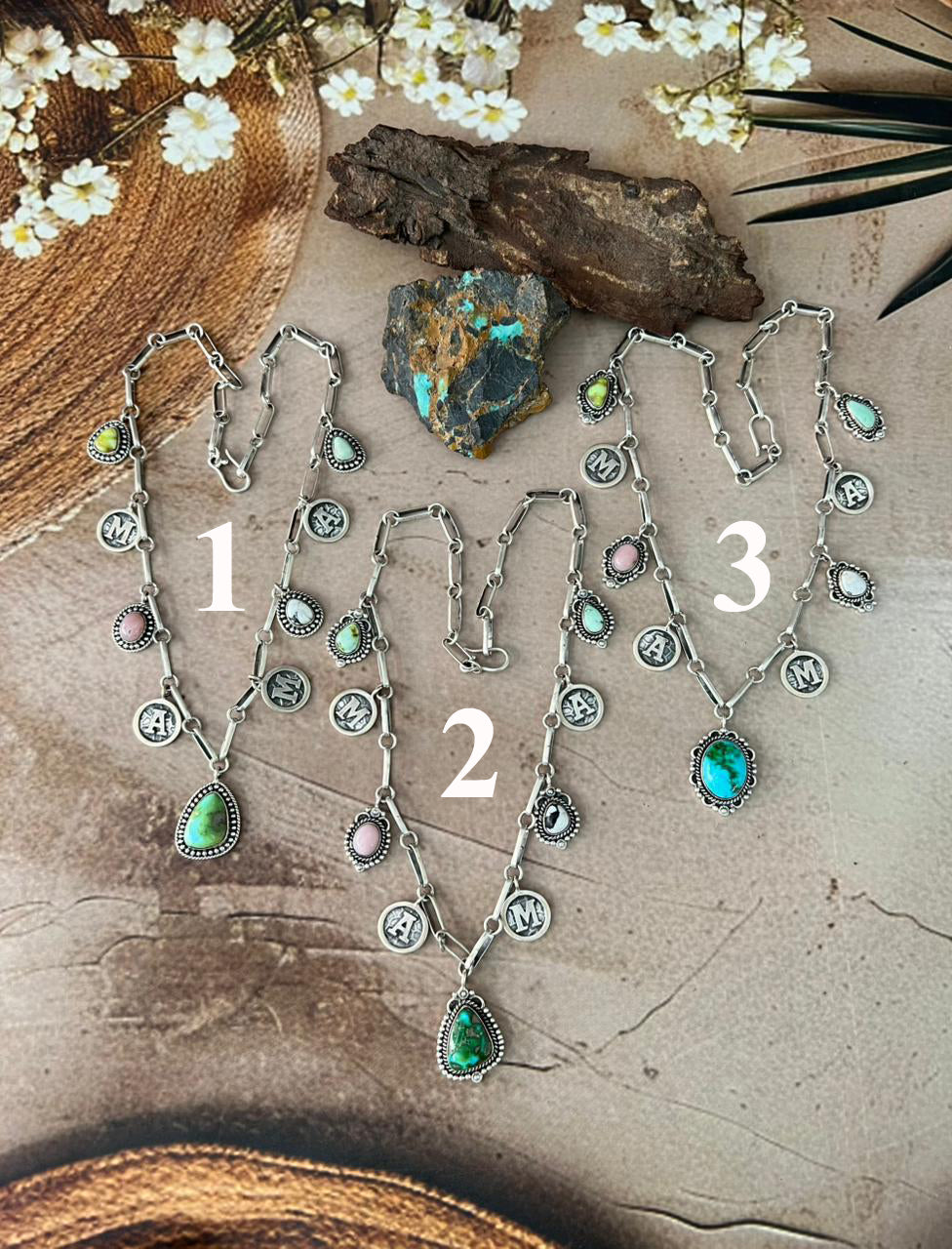 Handmade Sterling Silver Mama Collection: Pink Opal with Sonoran Mountain, Paloma,White Buffalo and Palomino Turquoise Necklace "Signed Nizhoni"