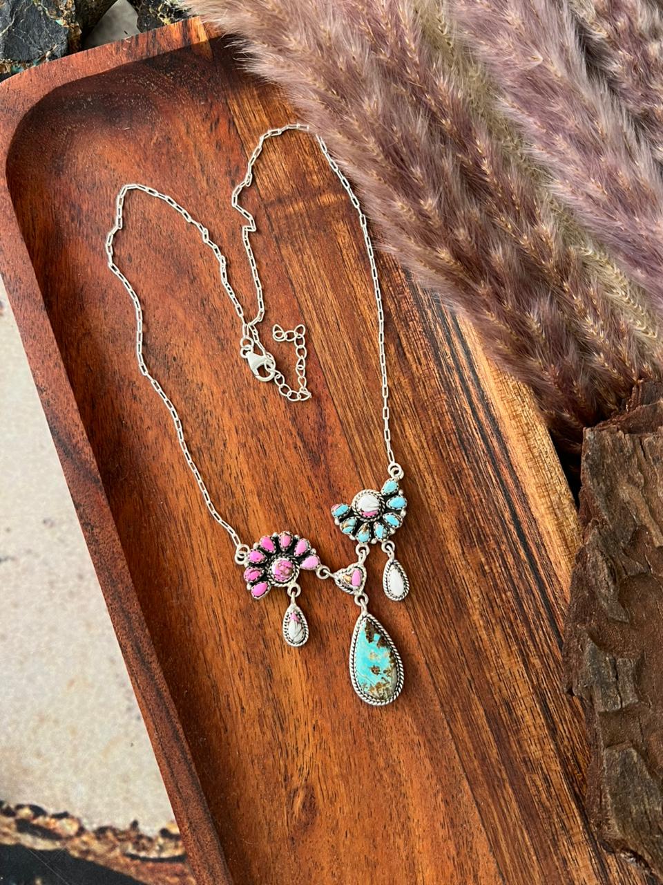 Handmade Sterling Silver White Number 8 Turquoise with Cotton Candy Necklace "Signed Nizhoni"