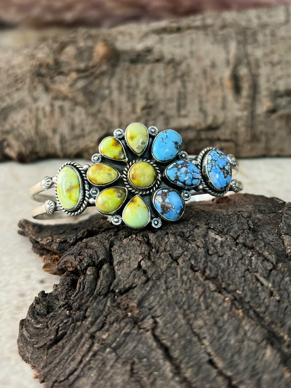 Handmade Sterling Silver Golden Hills with Palomino Turquoise Cuff Bracelet Signed Nizhoni