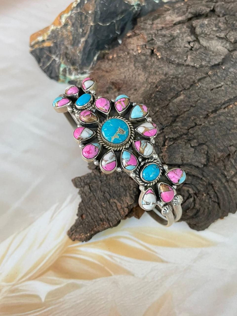 Handmade Sterling Silver Sierra Bella Turquoise with Cotton Candy Cuff Bracelet "Signed Nizhoni"