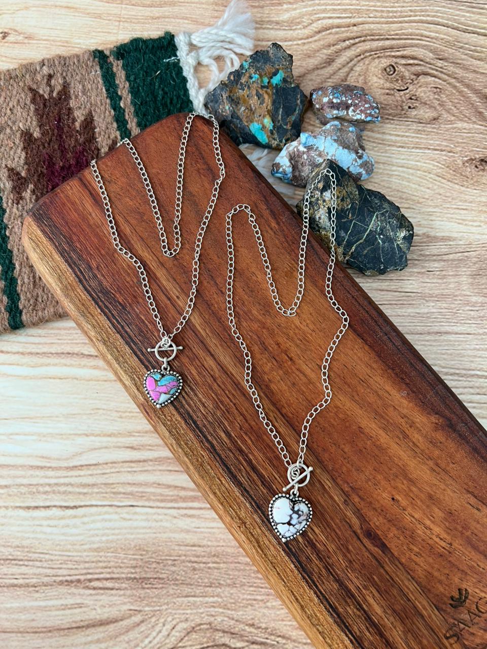 Handmade Sterling Silver Cotton Candy and Wildhorse Magnesite Heart Necklace "Signed Nizhoni"