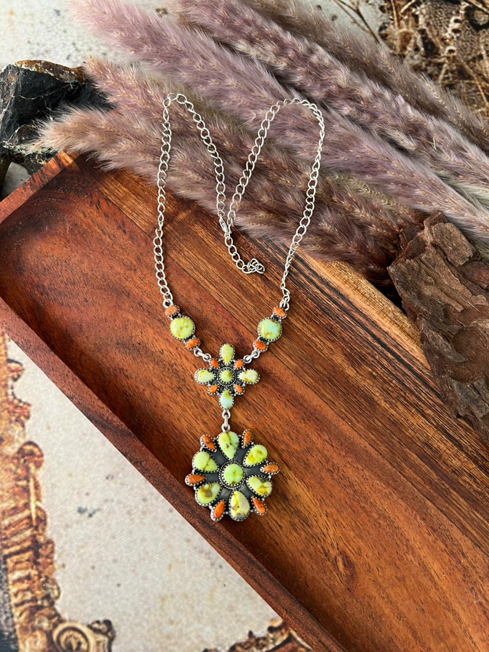 Handmade Sterling Silver Palomino Turquoise with Orange Mojave Drop Necklace "Signed Nizhoni"