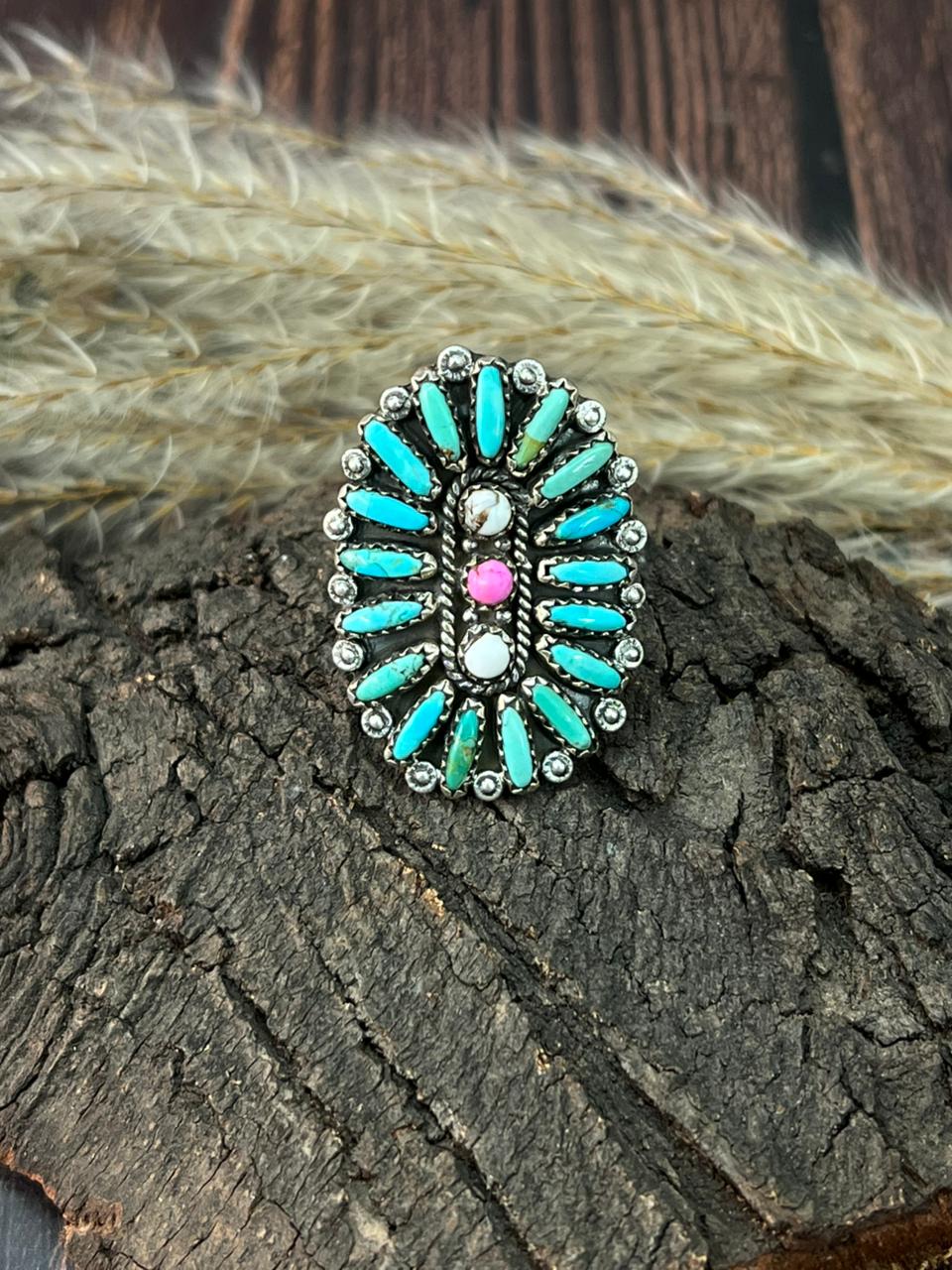 Handmade Sterling Silver Kingman Turquoise with Cotton Candy Adjustable Ring "Signed Nizhoni"