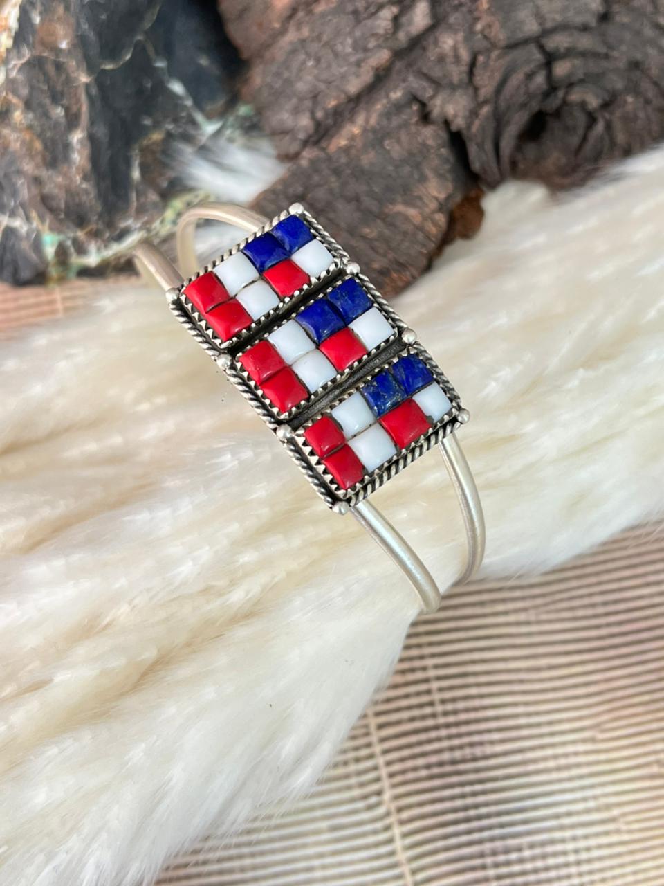Handmade Sterling Silver 4th Of July Collection: Rosarita with Lapis and White Buffalo Cuff Bar Bracelet "Signed Nizhoni"