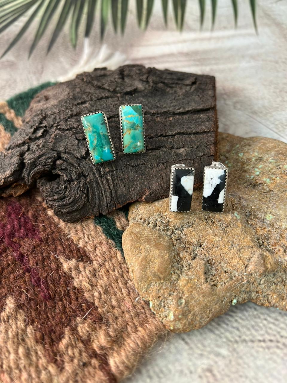 Handmade Sterling Silver Kingaman Turquoise and White Buffalo Post Studs Earrings "Signed Nizhoni"