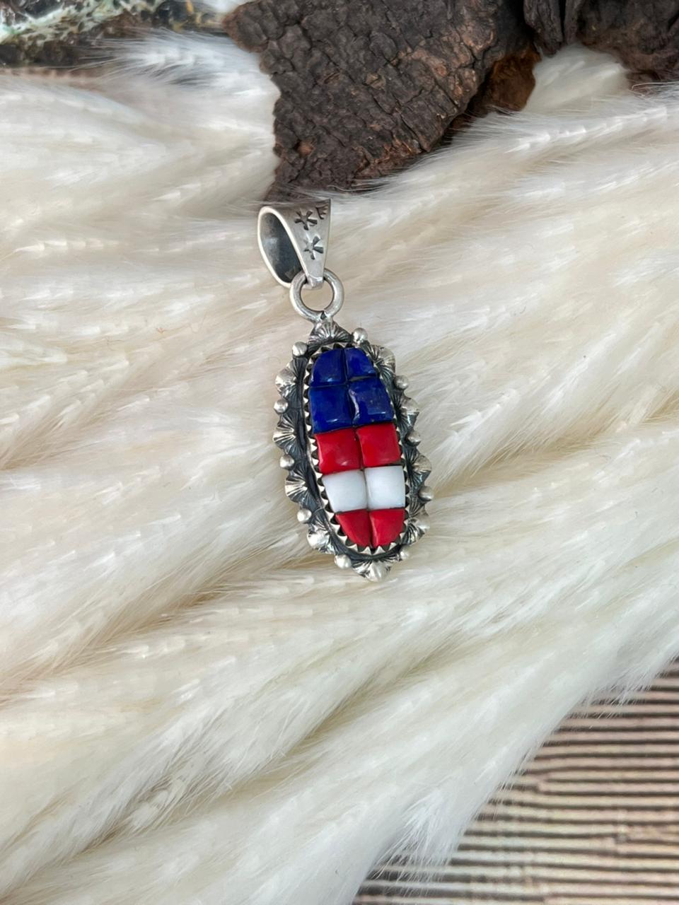 Handmade Sterling Silver 4th Of July Collection: Rosarita with Lapis and White Buffalo Pendant "Signed Nizhoni"