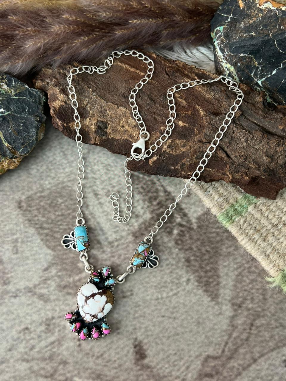 Handmade Sterling Silver Cotton Candy with Wildhorse Magnesite Necklace "Signed Nizhoni"