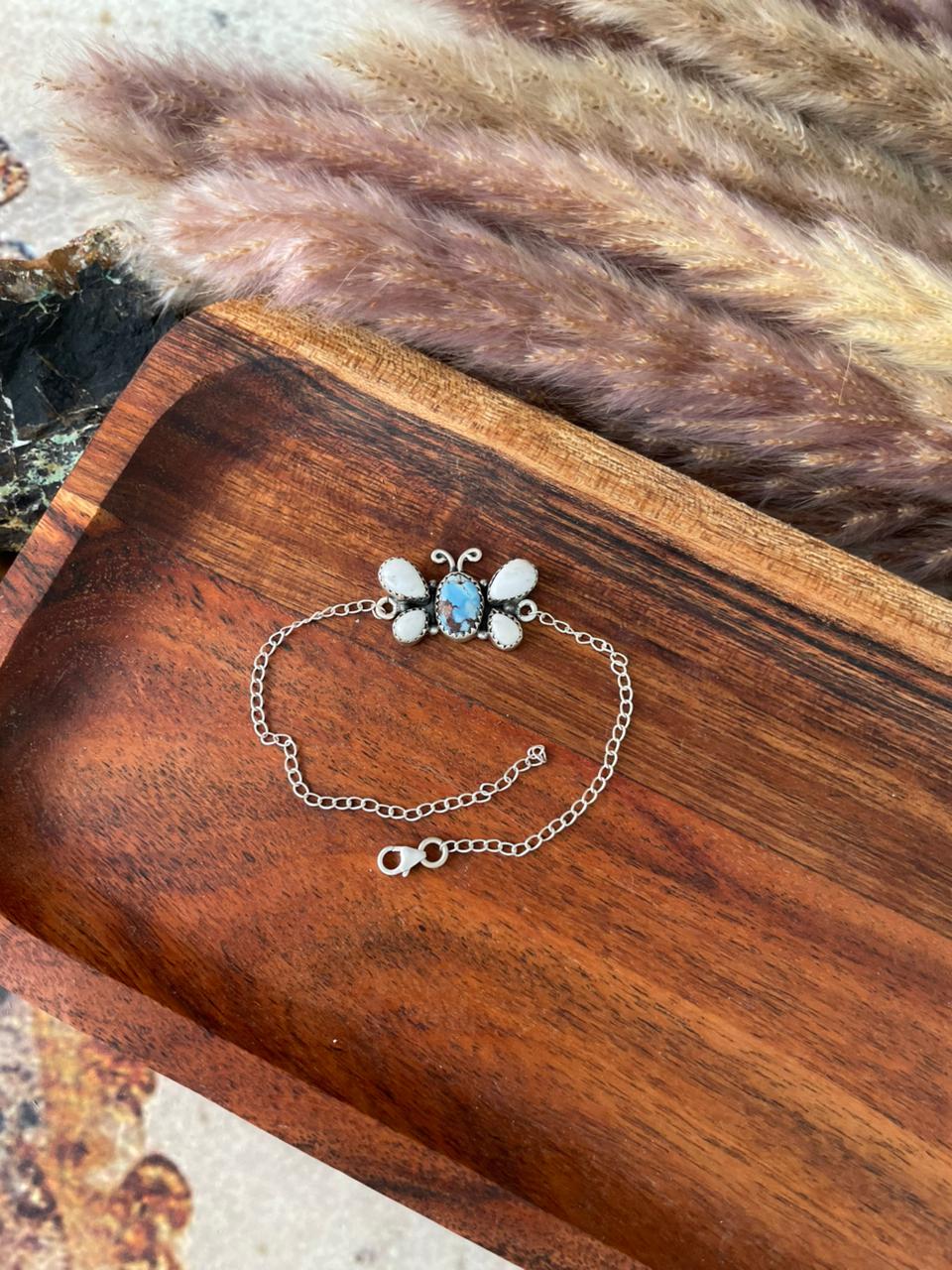Handmade Sterling Silver Canyon Sunset Collection: Golden Hills Turquoise with White Buffalo Butterfly Bracelet "Signed Nizhoni"
