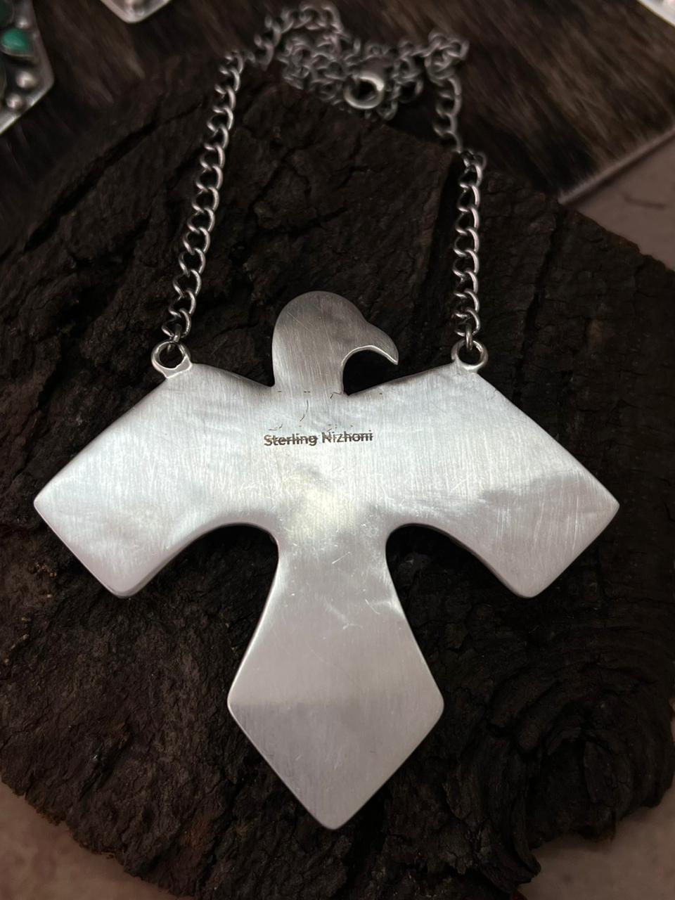 Handmade Sterling Silver Multi Stone Thunder Bird Necklace "Signed Nizhoni"