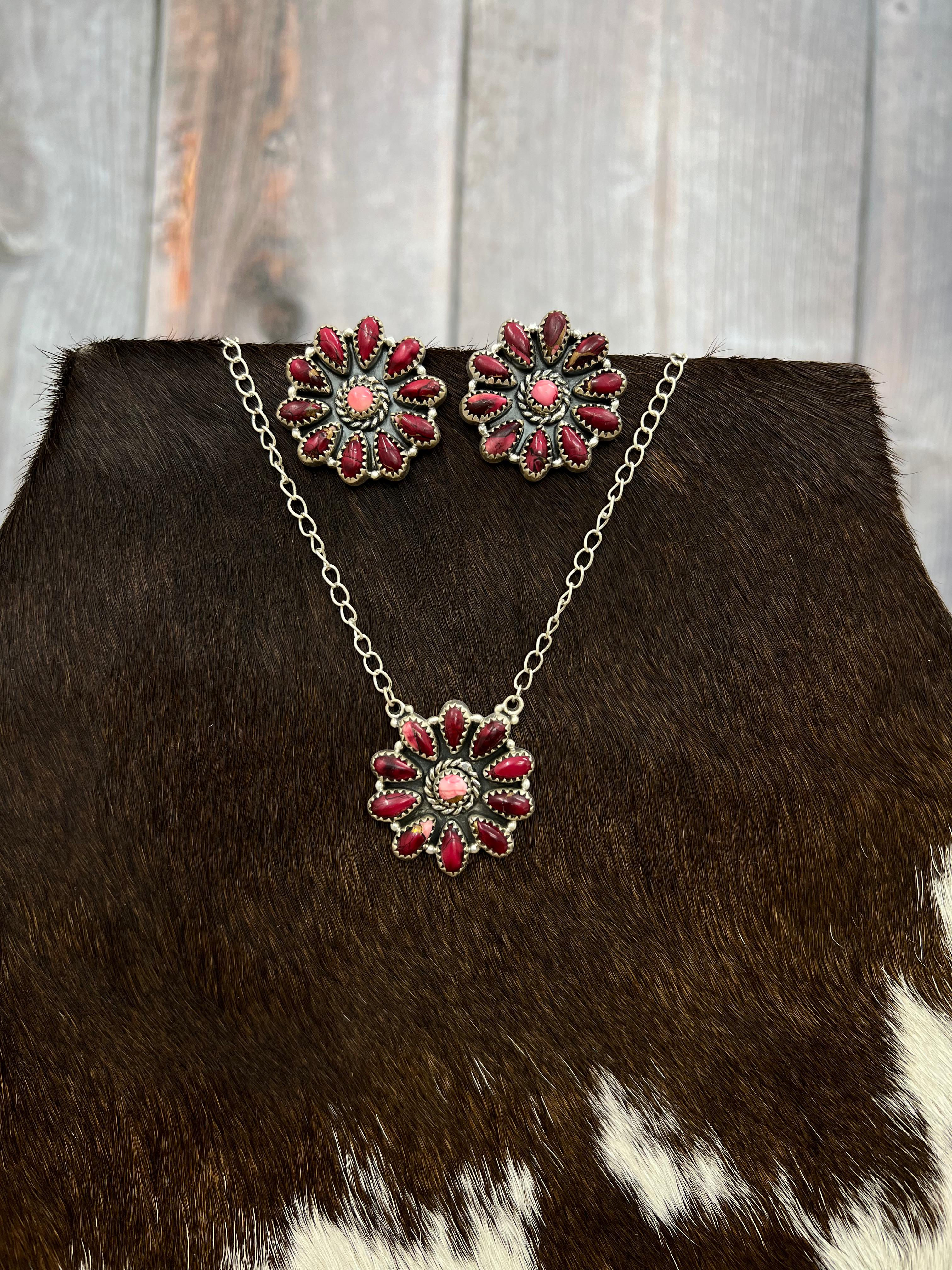 Handmade Sterling Silver Multi Stone Necklace Earrings Set, Signed Nizhoni