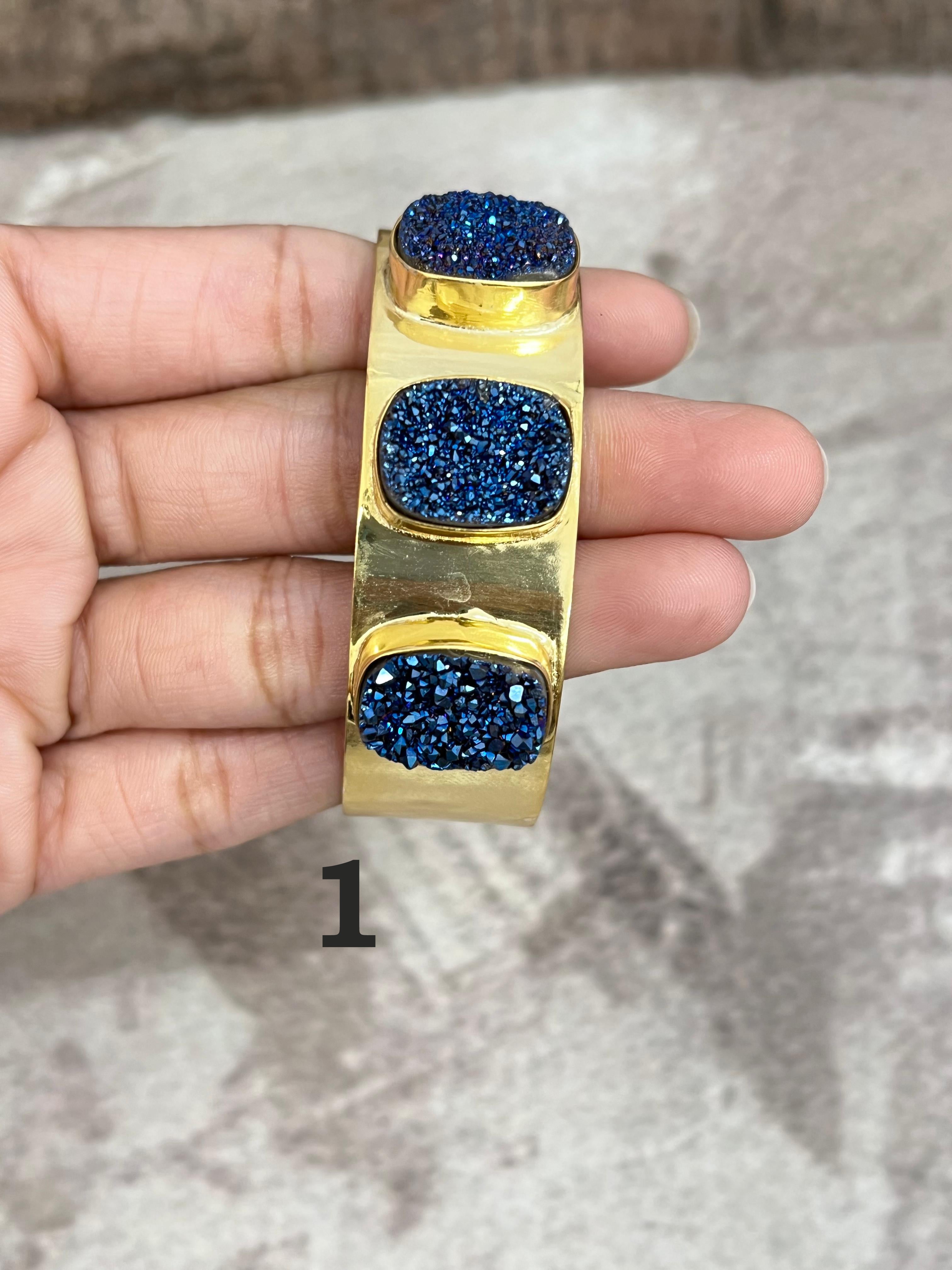 “The Boho Collection” Handmade Natural Gold Plated 3 Stone Druzy Wide Cuff Bracelet