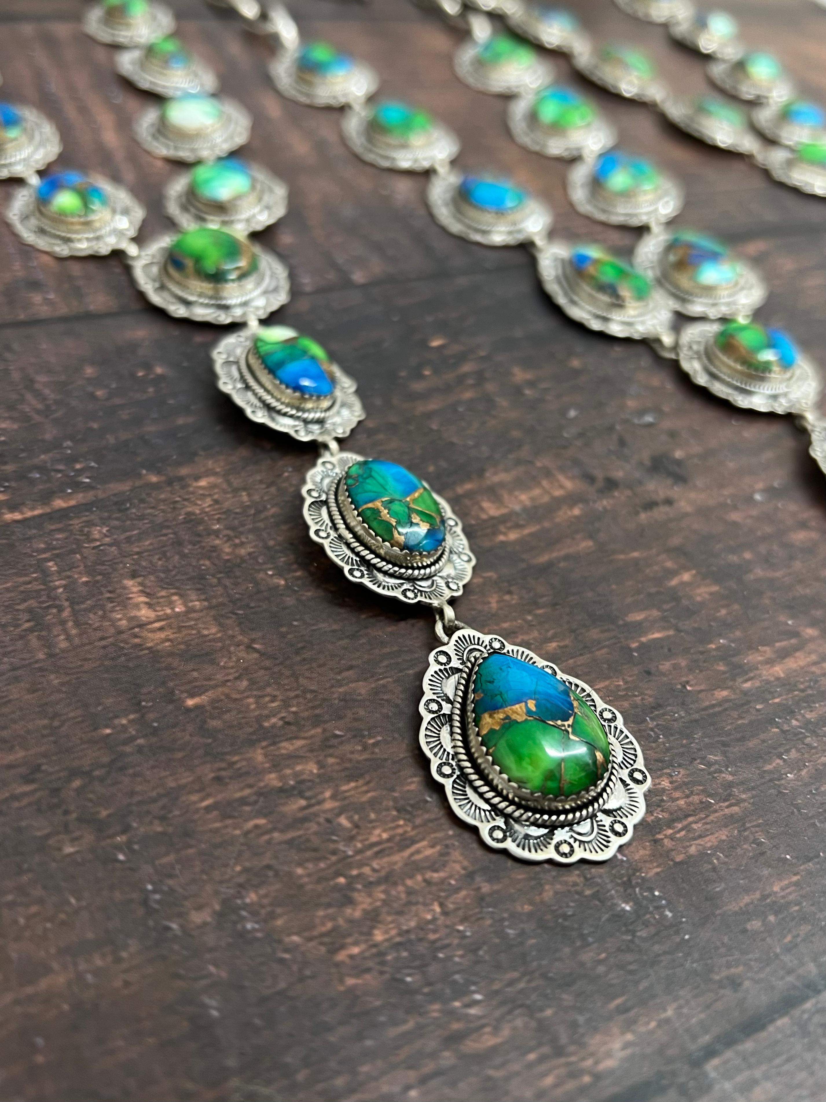 Handmade Sterling Silver Peacock Dahlia Necklace with Signed Nizhoni