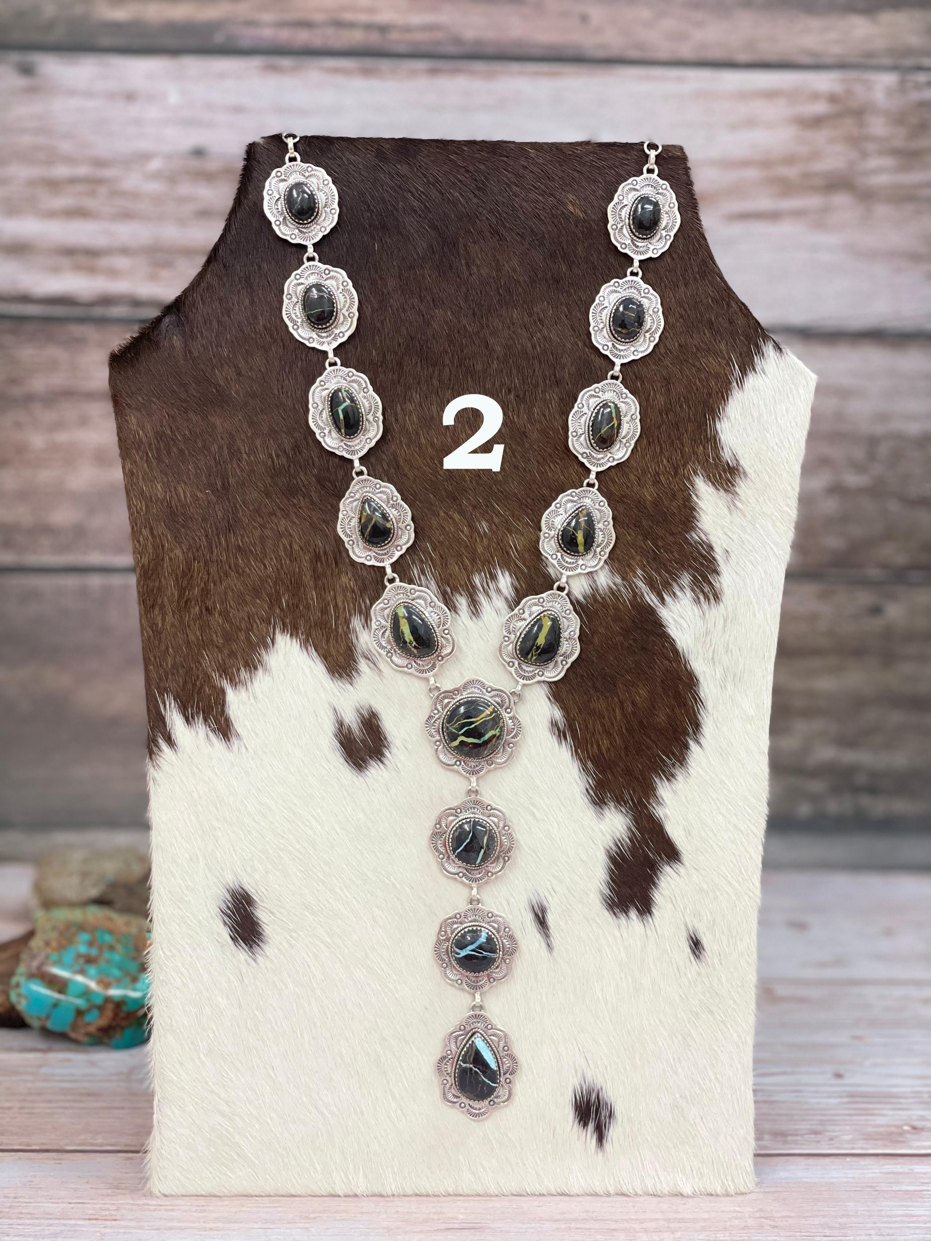 Handmade Sterling Silver Blackjack Turquoise Lariat Necklace with Signed Nizhoni