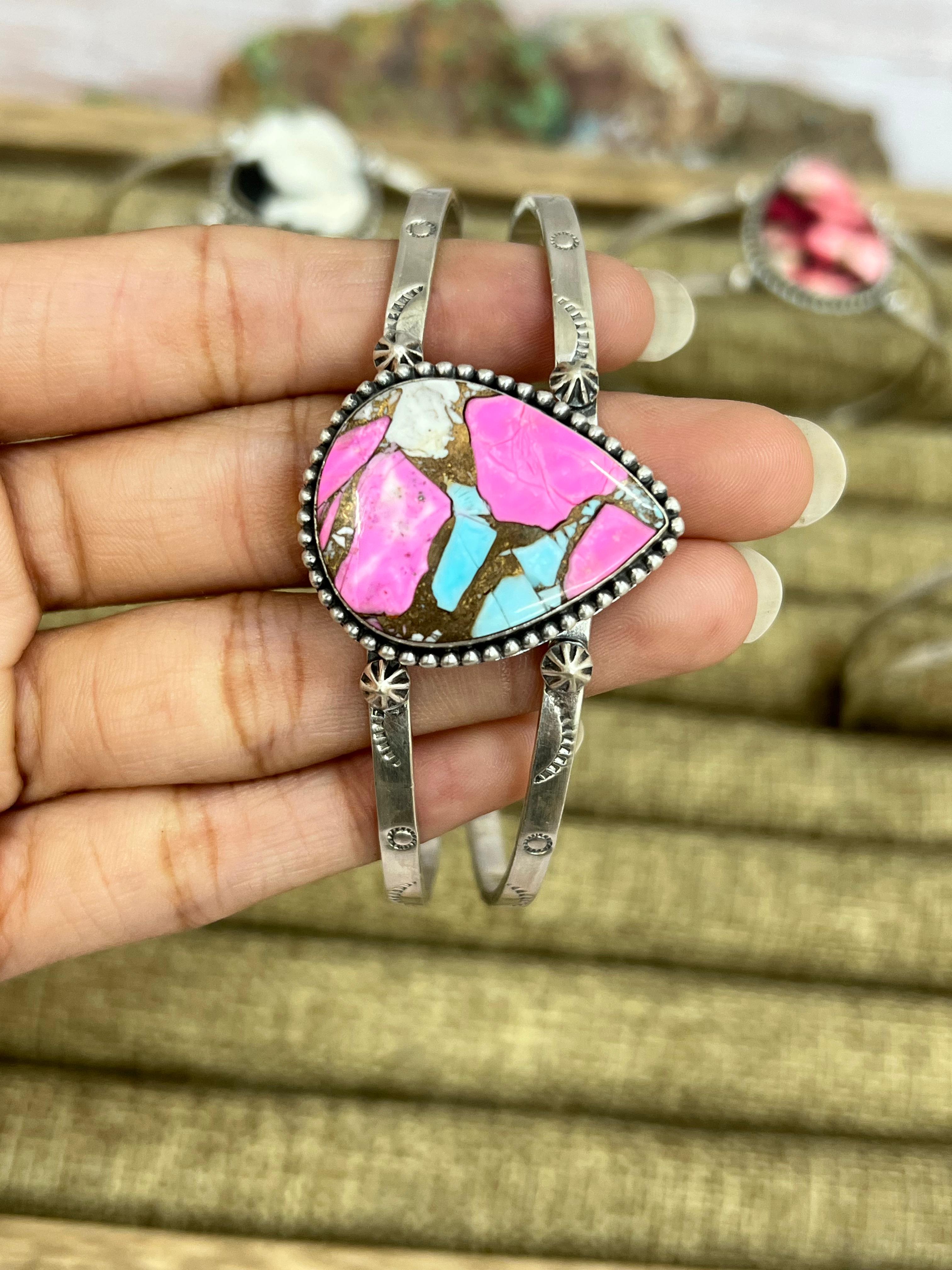 Handmade Sterling Silver Multi Stone Cuff Bracelet with Signed Nizhoni