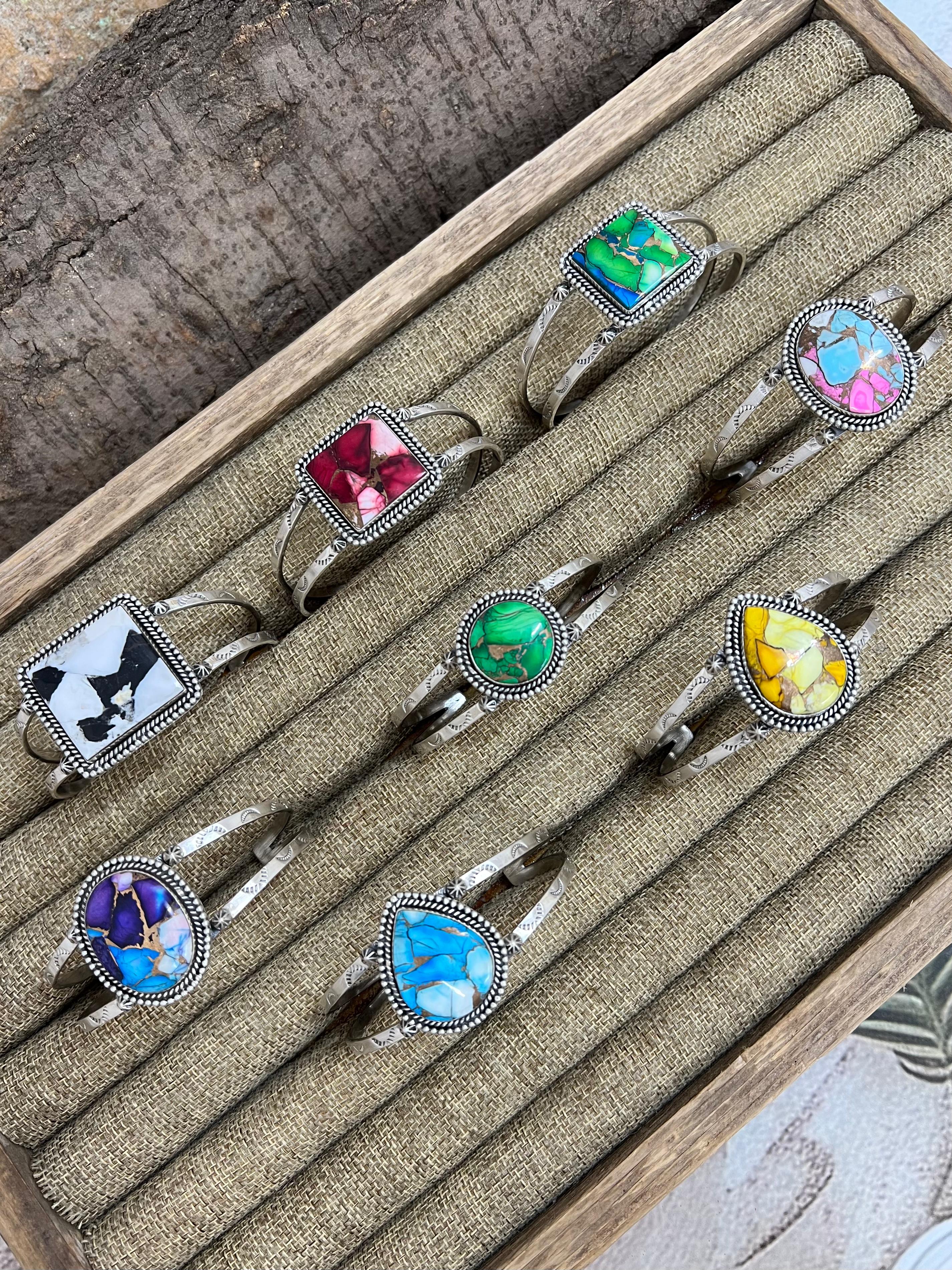 Handmade Sterling Silver Multi Stone Cuff Bracelet with Signed Nizhoni (1)