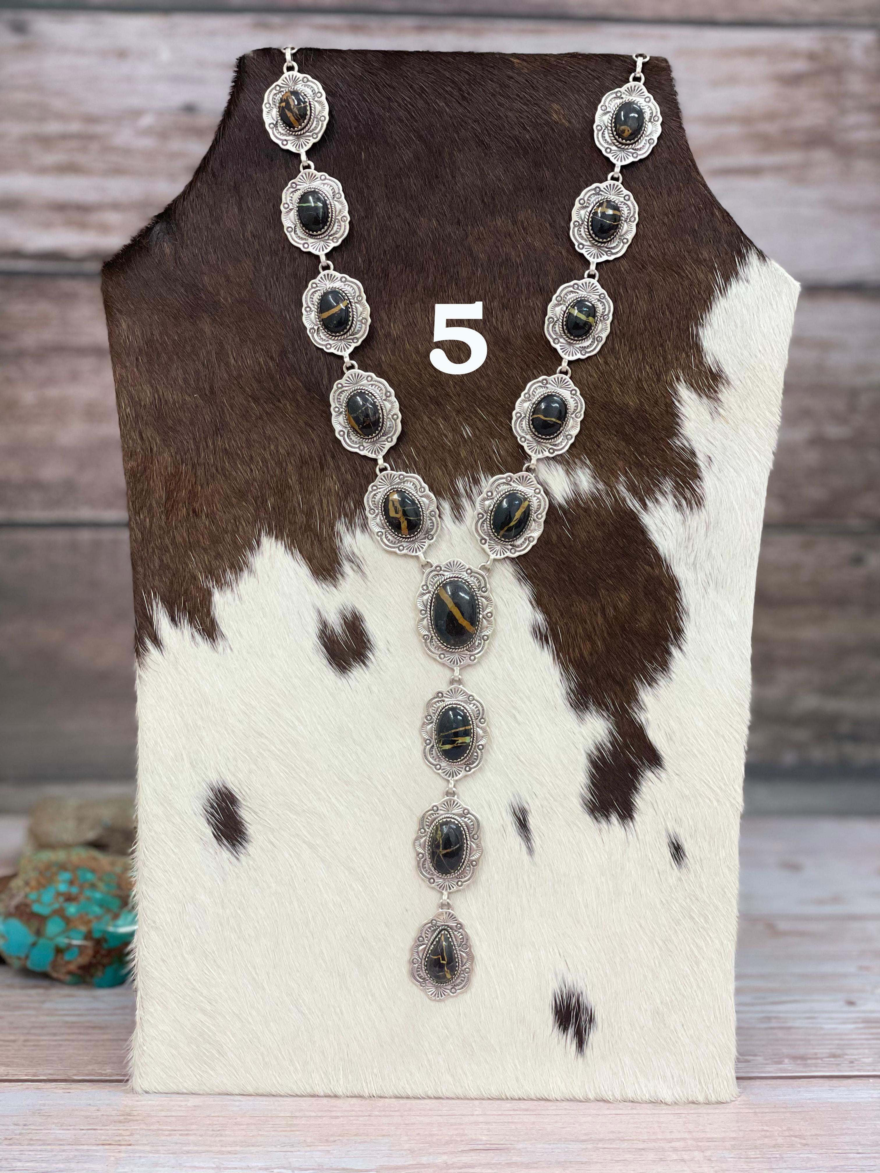 Handmade Sterling Silver Blackjack Turquoise Lariat Necklace with Signed Nizhoni