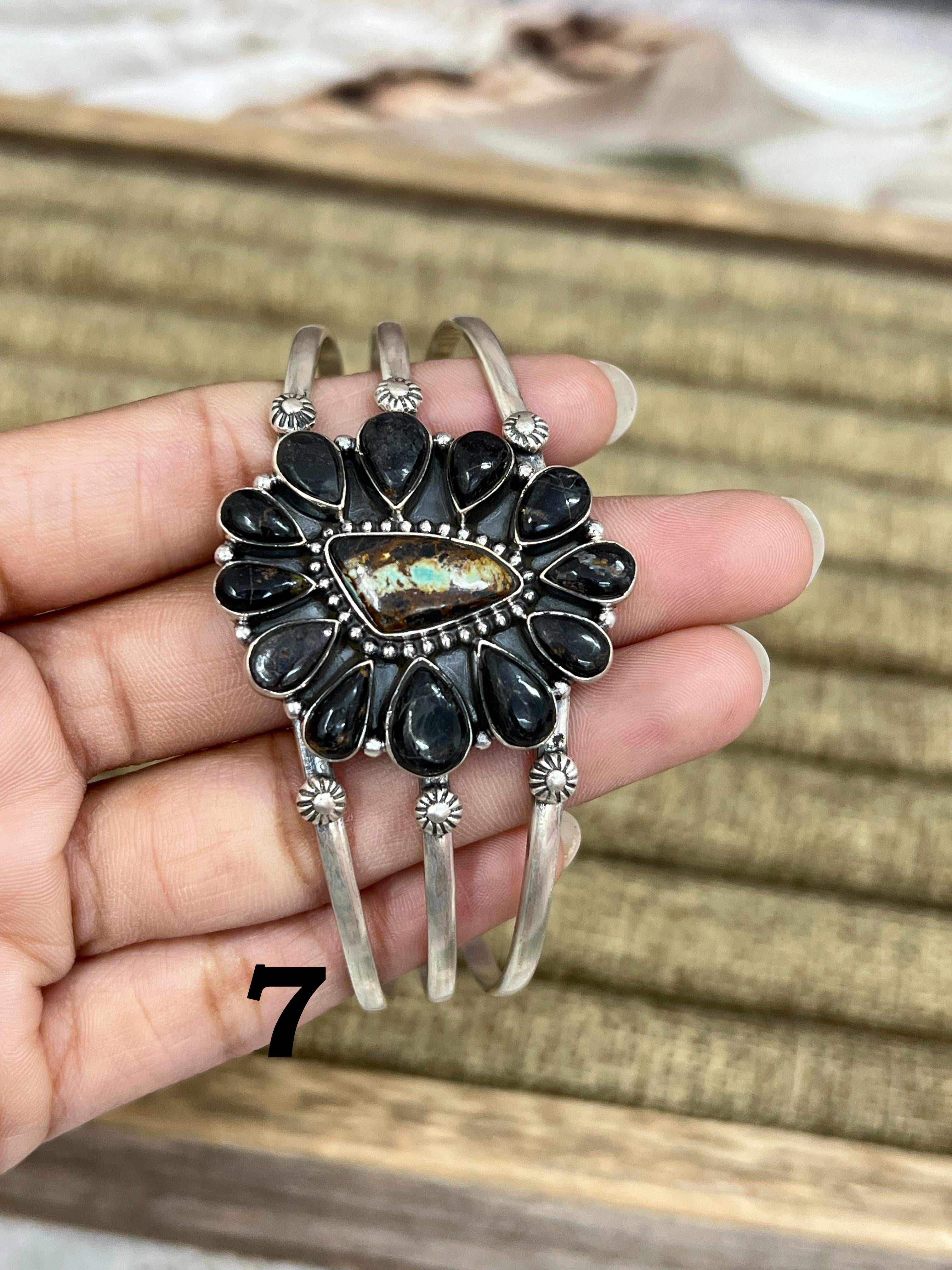 Handmade Sterling Silver Blackjack Turquoise Cuff Bracelet Signed Nizhoni