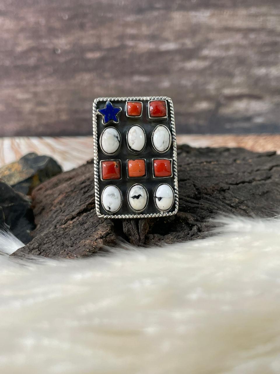 Handmade Sterling Silver 4th Of July Collection: Coral with Lapis and White Buffalo Adjustable Ring "Signed Nizhoni" (4)