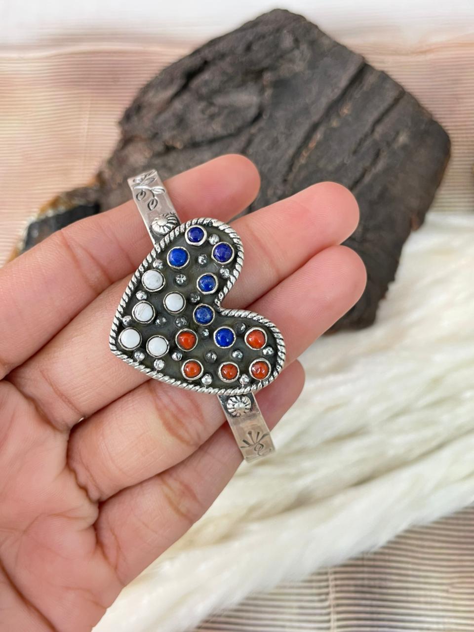 Handmade Sterling Silver 4th Of July Collection: Coral with Lapis and White Buffalo Heart Cuff Bracelet "Signed Nizhoni"