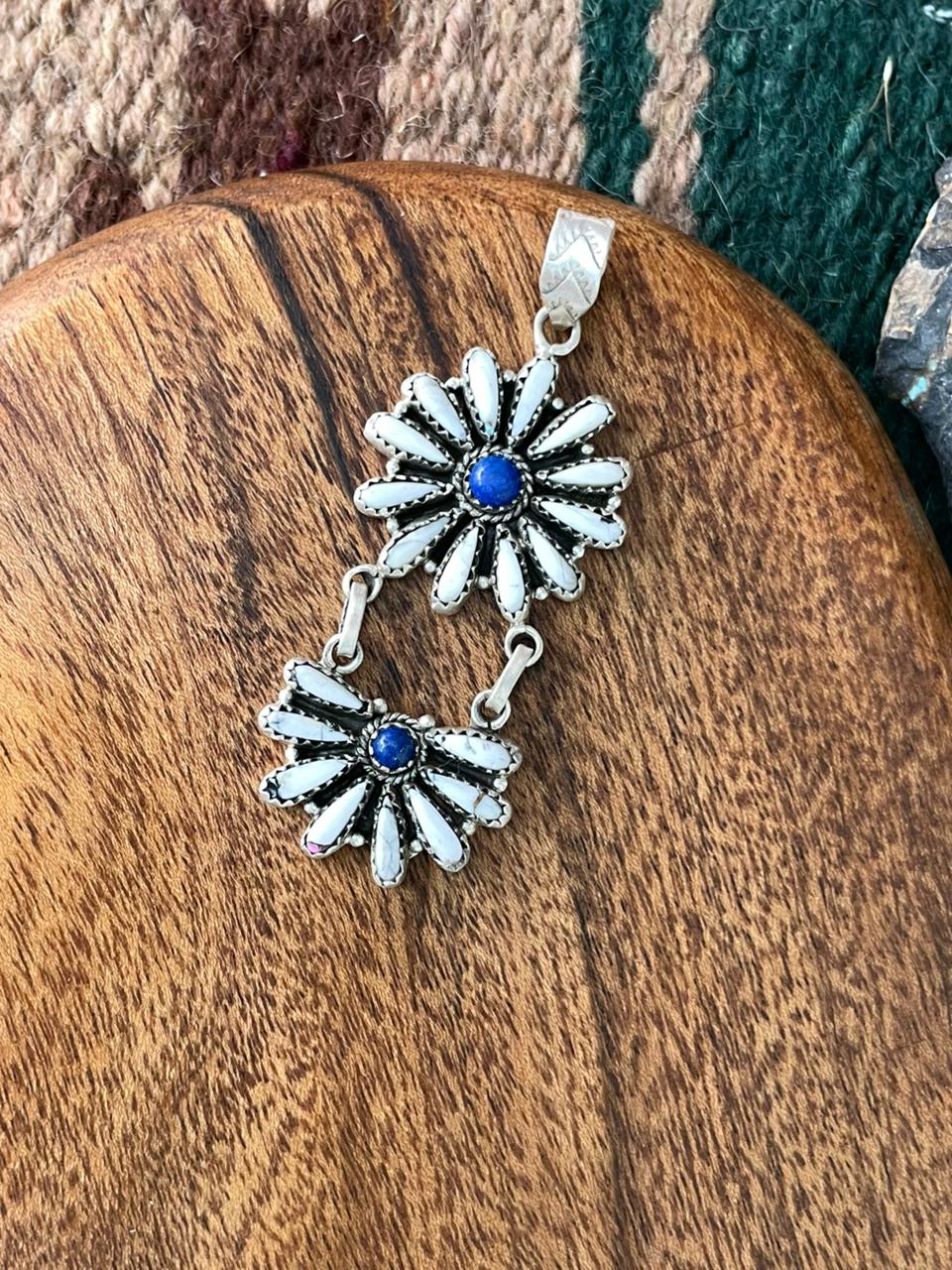Handmade Sterling Silver White Buffalo with Lapis Pendant "Signed Nizhoni"
