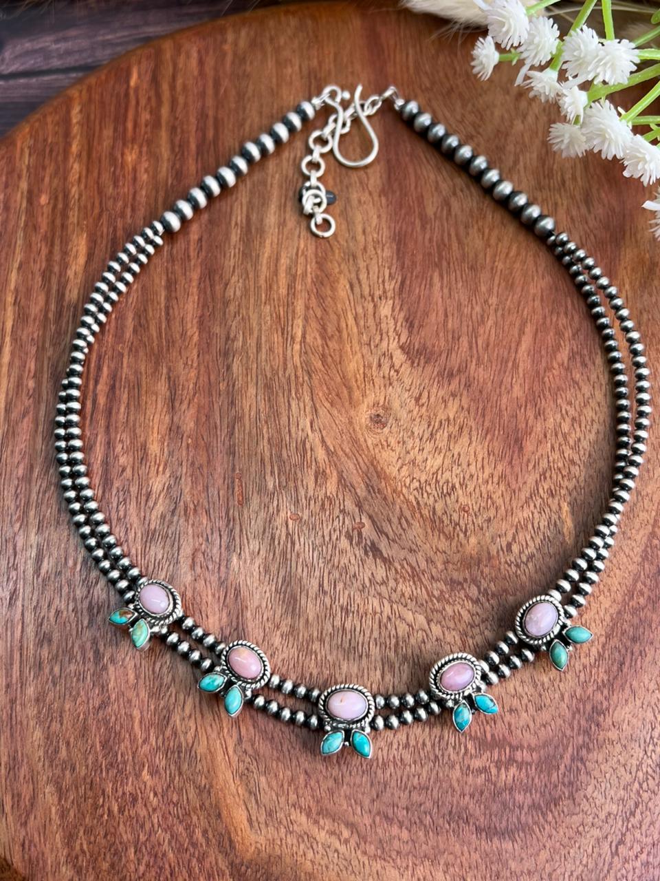 Handmade Sterling Silver Kingman Turquoise with Pink Opal Beaded Necklace "Signed Nizhoni"
